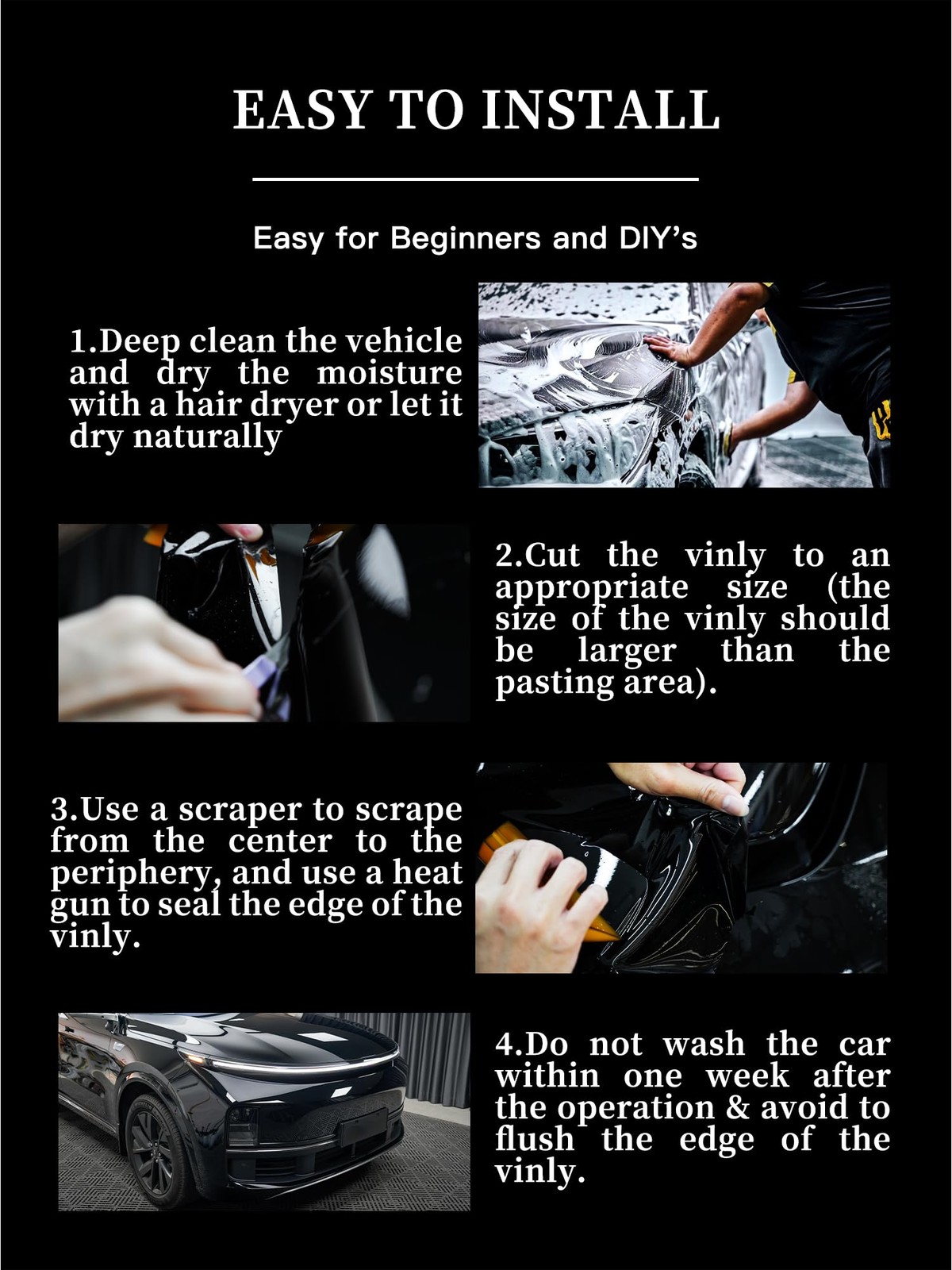 Vinyl Car Wrap 1ft x 5ft Gloss Black, Scratch Resistant, Air Release