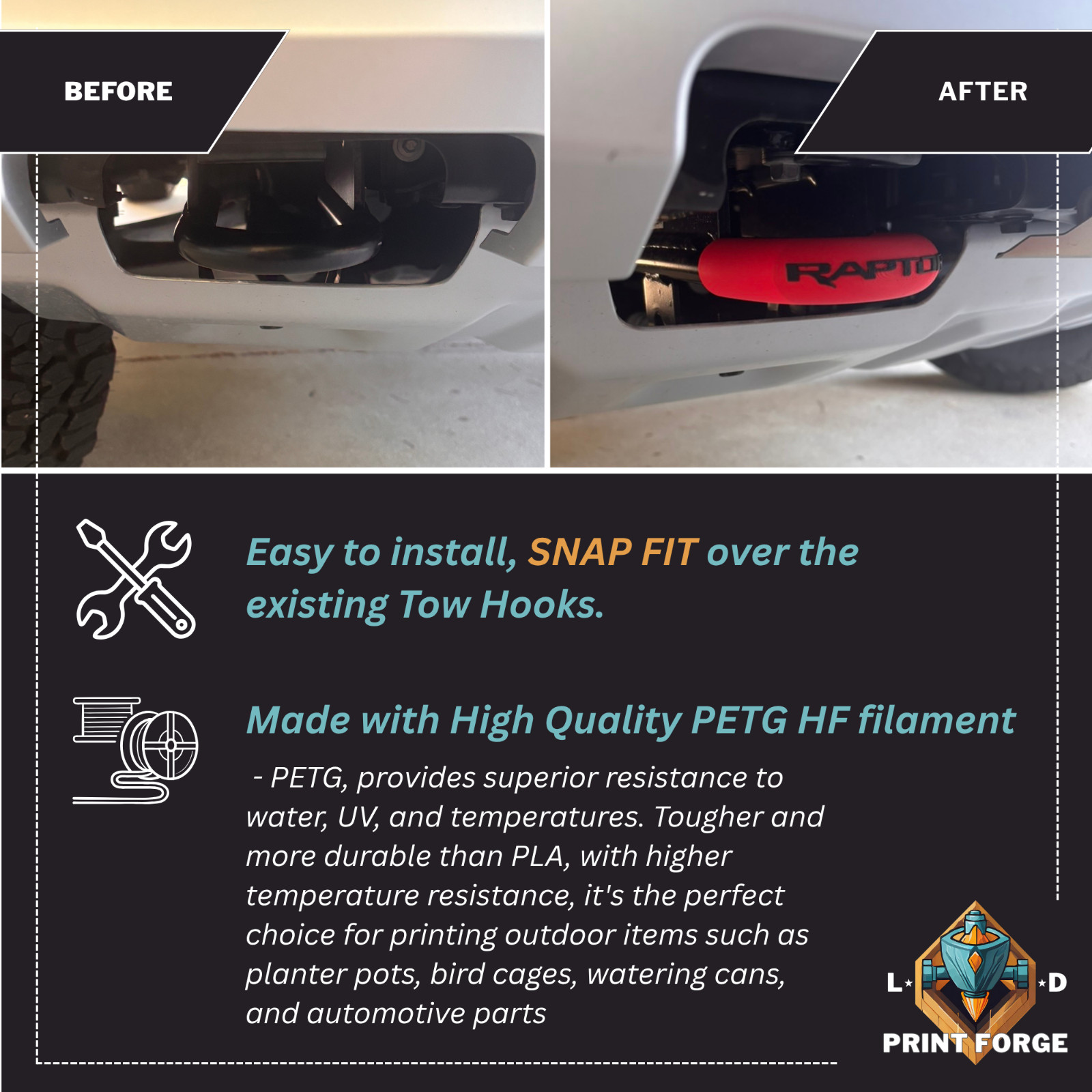 Premium Front “Raptor” Text NextGen Ford Ranger Raptor Tow Hook Accent Covers