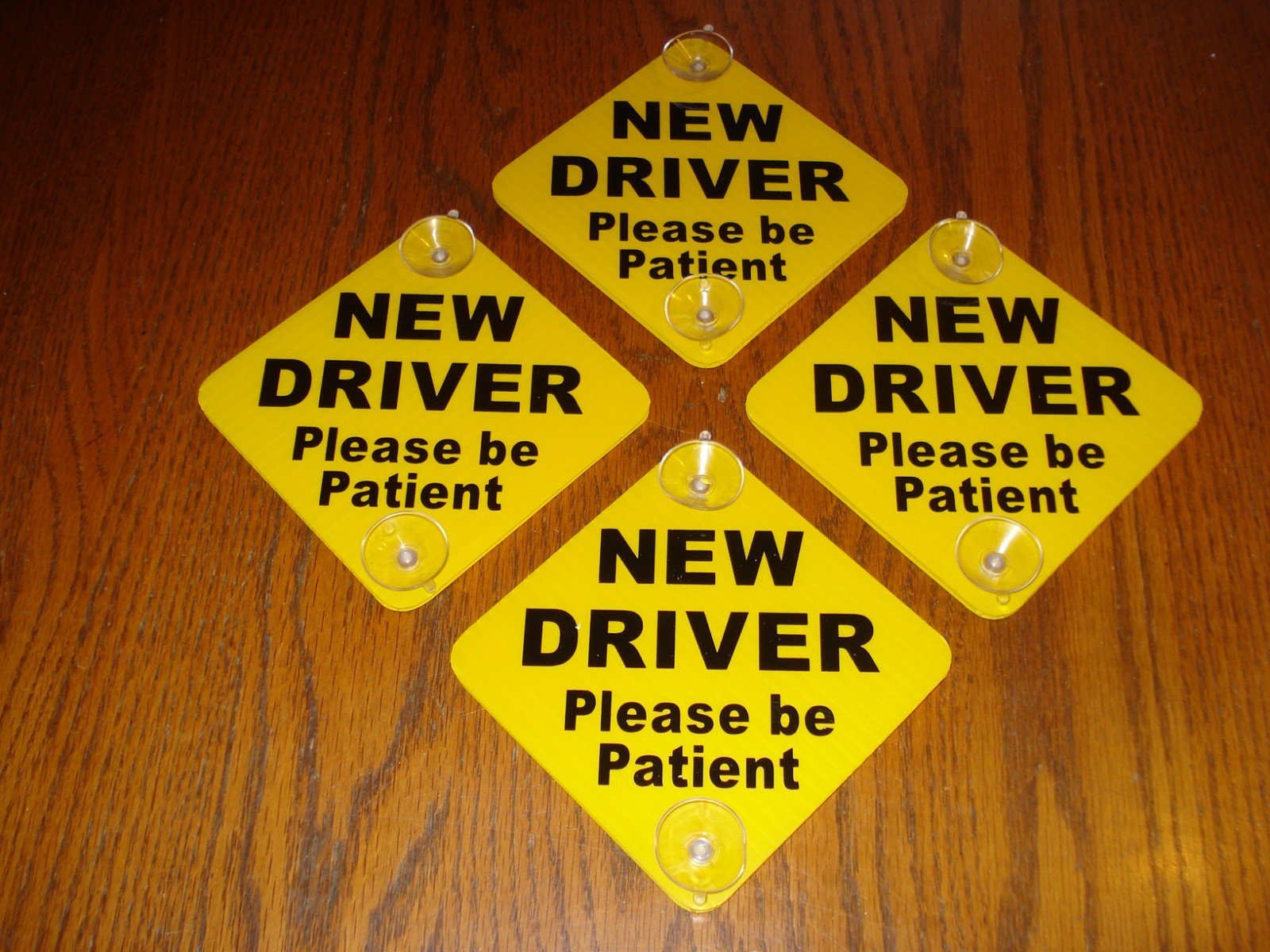 (4) NEW DRIVER “Please Be Patient” Car Window Signs with Suction Cups 5″x 5″