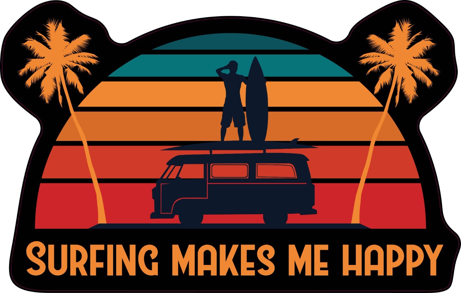 Surfing Makes Me Happy Surfer Standing on Van Vinyl Bumper Sticker Window Decal
