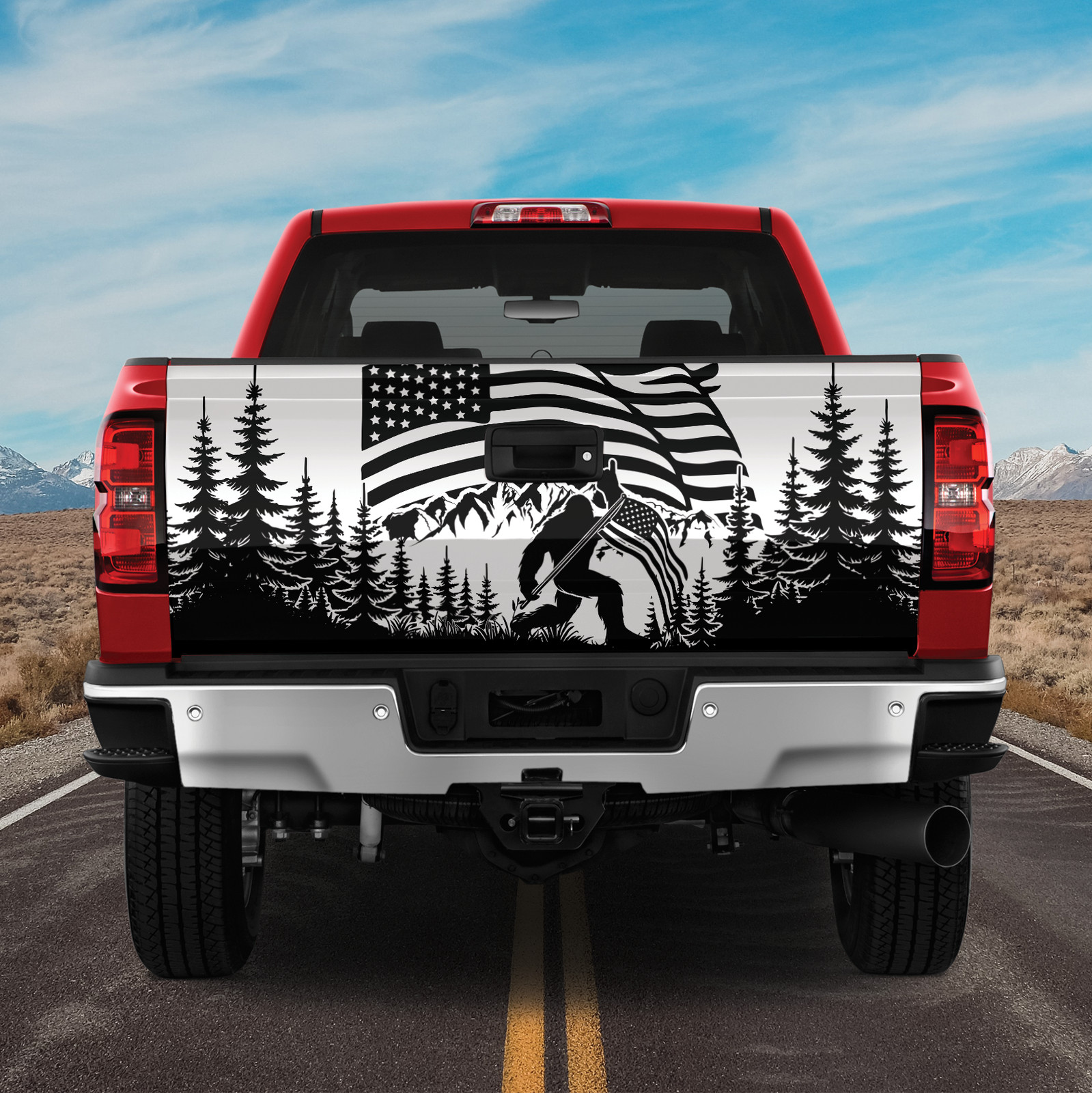 America Flag Bigfoot Mountain Truck Tailgate Wrap, Bigfoot Tailgate Decal