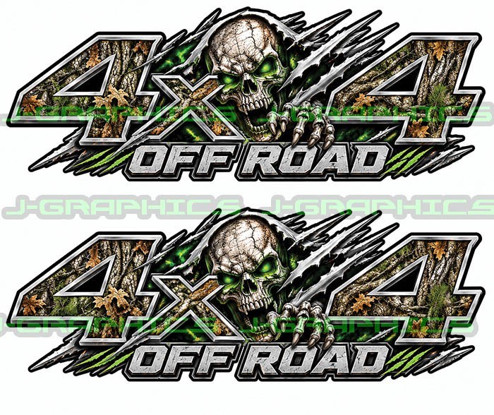 4×4 Off Road Forest Camo Skull Decals Truck Bedside Fender Sticker Pair C