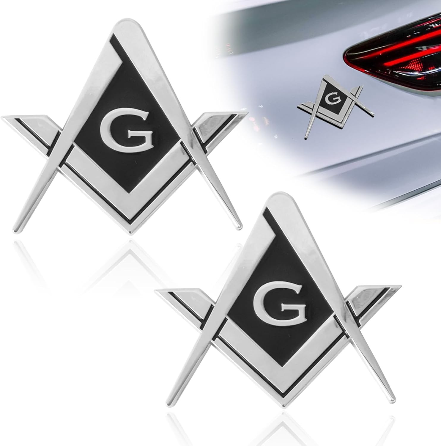 2Pcs Masonic Car Emblem 2.75″ Compass Auto Truck Metal Decal, Mason Silver