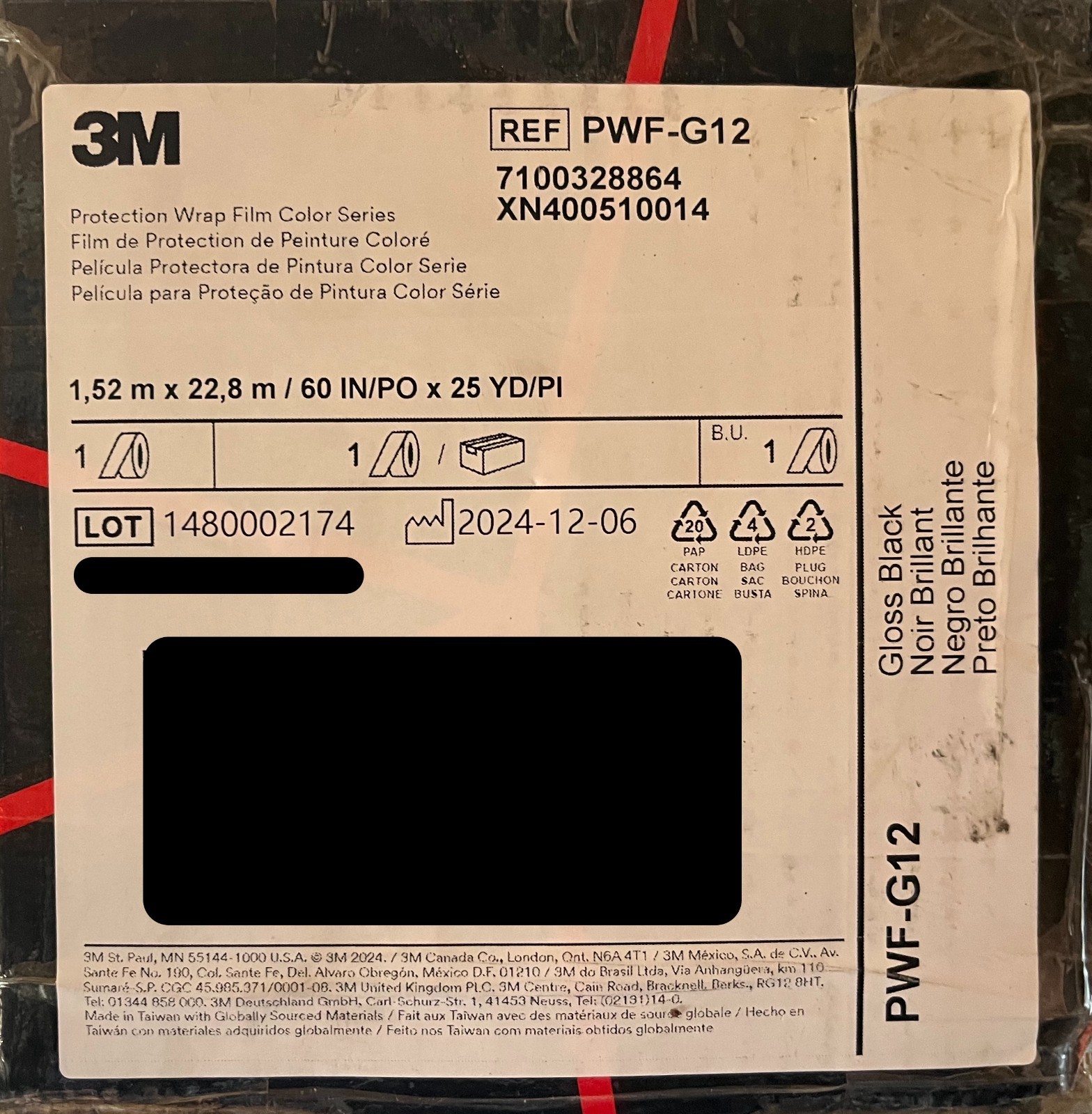 3M Colored PPF / PWF Series Gloss Black Paint Protection Film PWF-G12 NEW