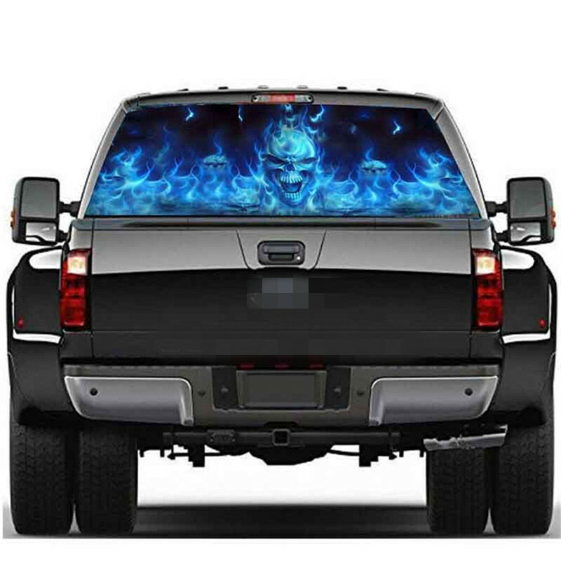 147X46cm Car Sticker Flaming Skull Rear Window Tint Graphic Decal Wrap Back