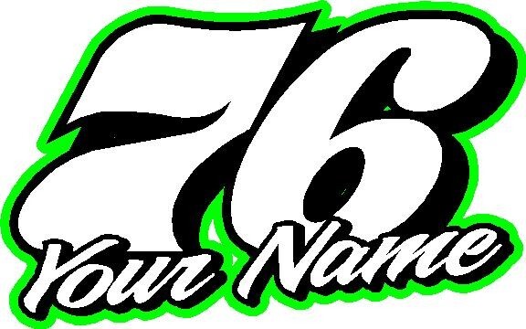 Racing number & name old school custom vinyl decal sticker 5″x 8″ green (any #)
