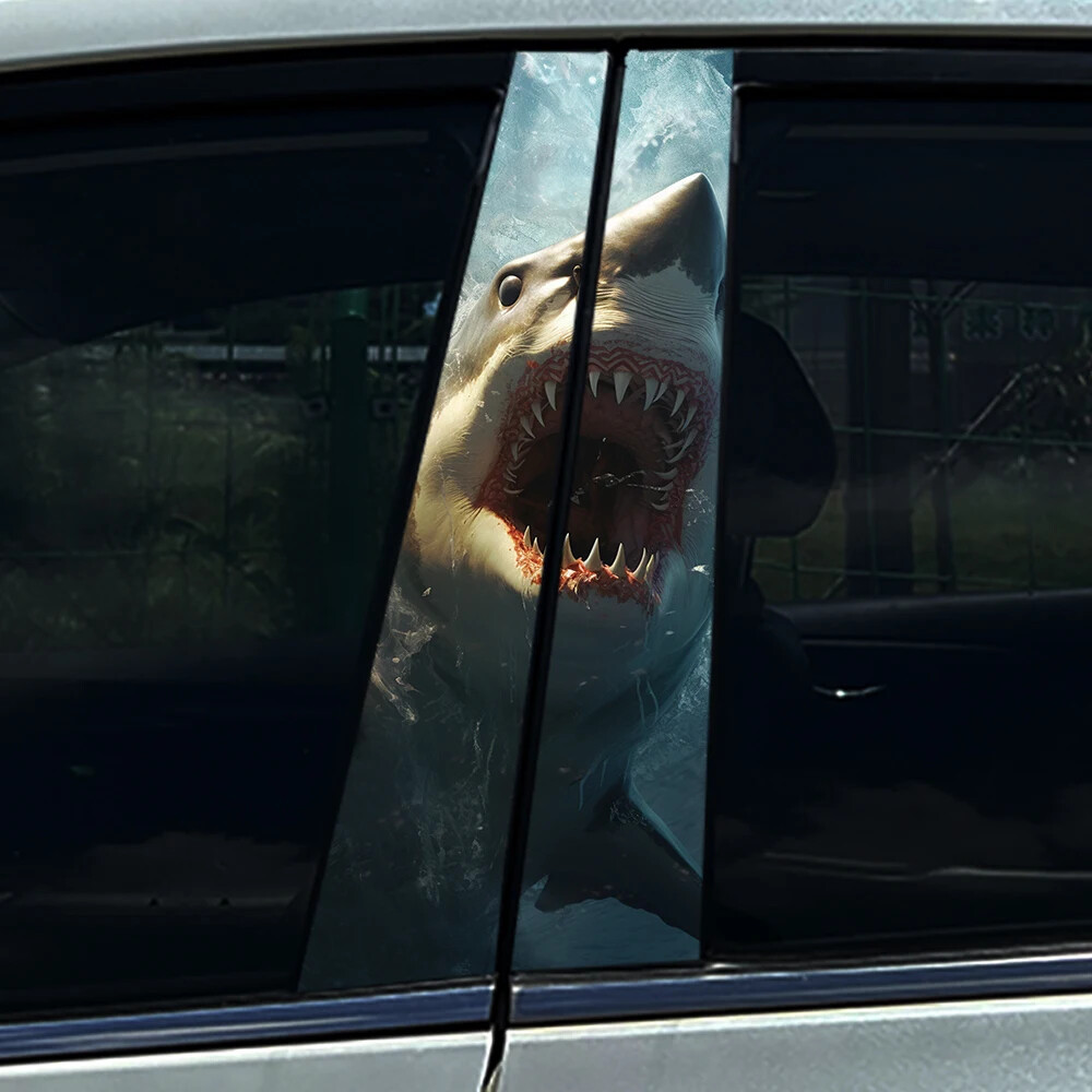 2x Tiger Shark Mouth Megalodon Car B Pillar Sticker Center Column Cover Decals