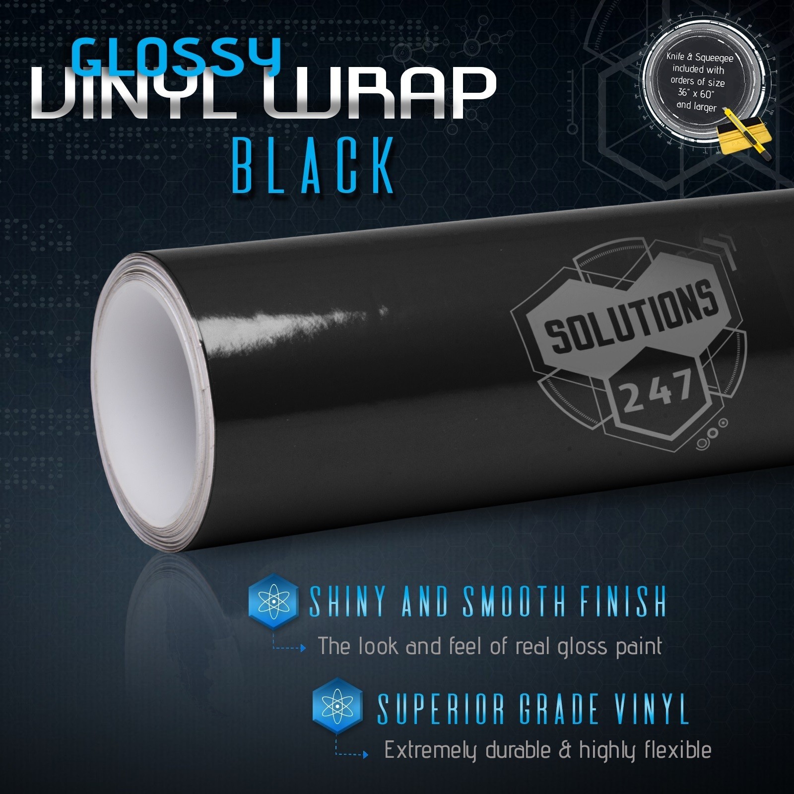 Gloss Black Glossy Vinyl Wrap Bubble Free Air Release – 60″ x 120″ In 5FT x 10FT