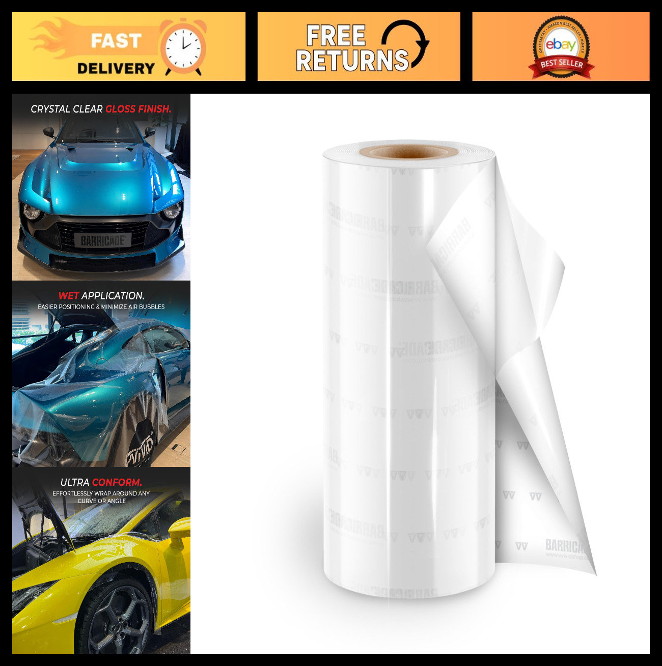 Premium 8-Year Clear Gloss Paint Protection Film TPU – 12″ x 96″ Roll, Durable &