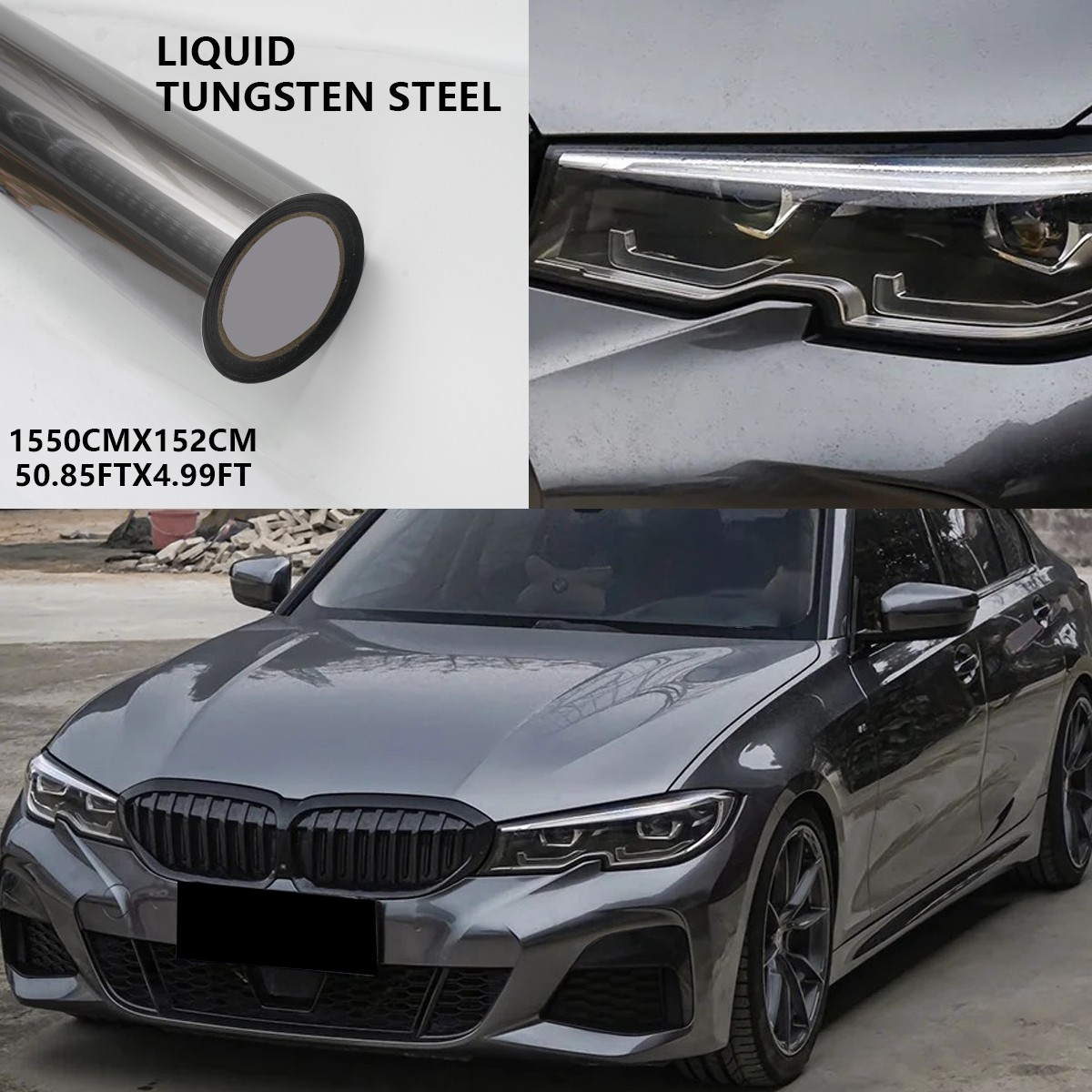 Liquid Metal Tungsten Gray 5FTx50FT PET Vinyl Wrap Self-Adhesive Air Release