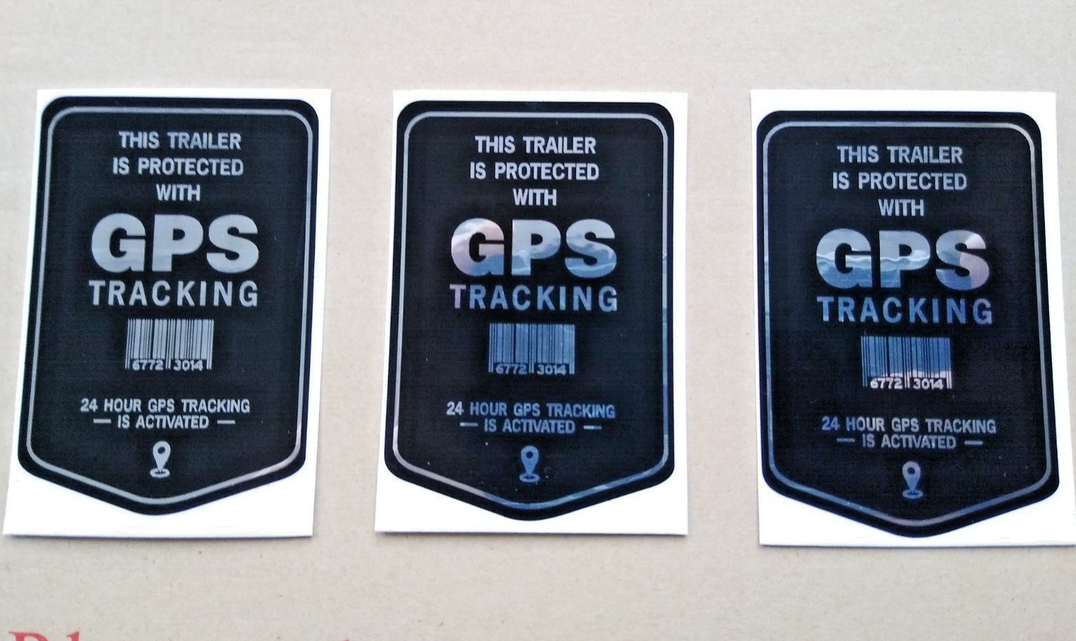 3 x Trailer GPS Tracking Stickers – Polished Mirror Silver & Black Security
