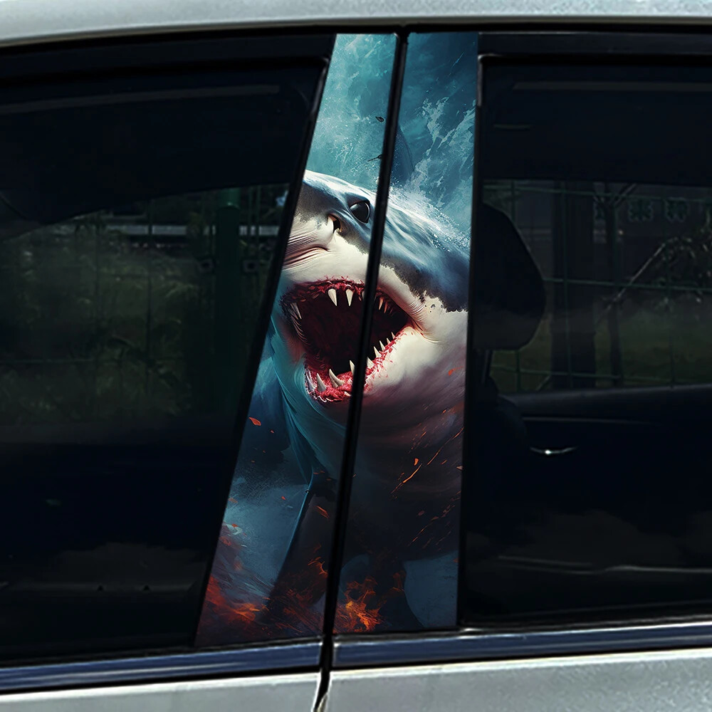 2x Tiger Shark Mouth Megalodon Car B Pillar Sticker Center Column Cover Decals