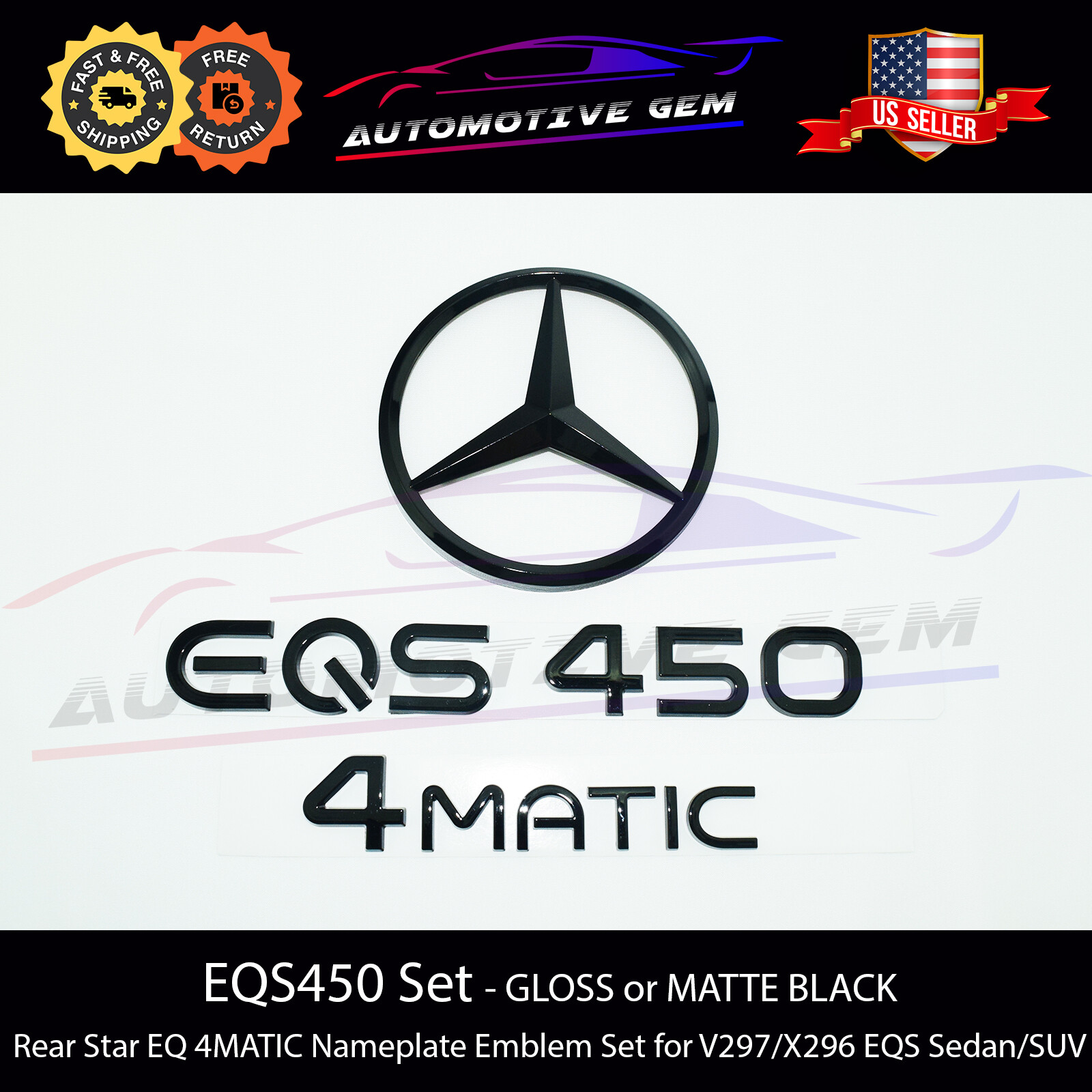 EQS450 4MATIC Rear Star Emblem Black Badge Set Mercedes AMG Electric Sedan SUV