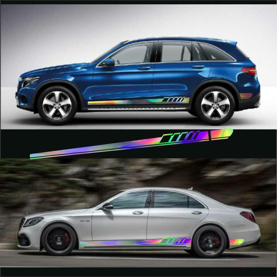DIY 2Pcs Laser Reflective SUV Car Body Both Side Vinyl Long Stripe Decal Sticker