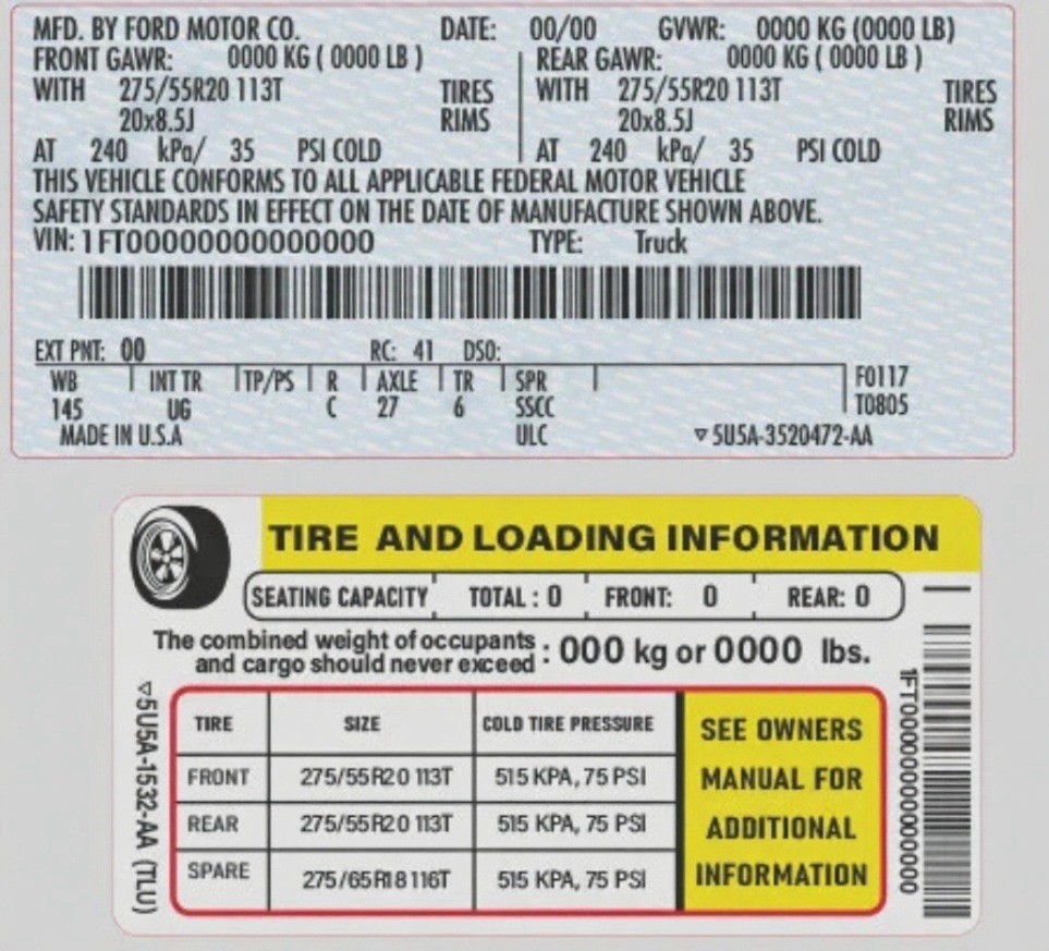 Ford SET VIN, Painted Door Jamb Edge Tire Pressure VIN Stickers Id Info Data