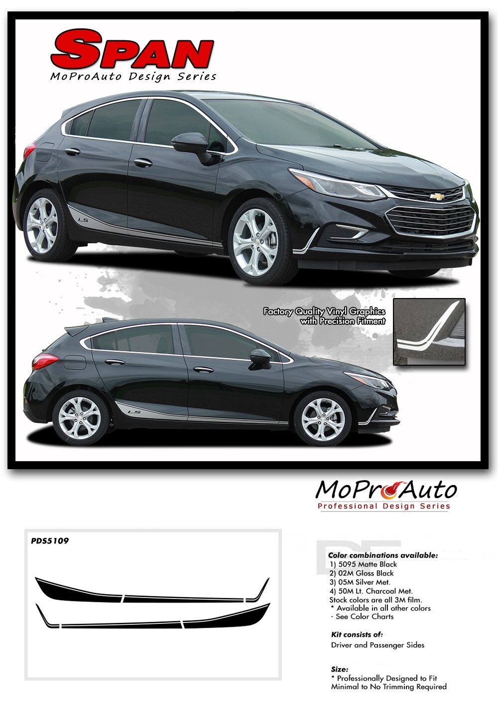2016-2019 Chevy Cruze Rocker Door Stripes Vinyl Graphic SPAN Decals 3M Kit