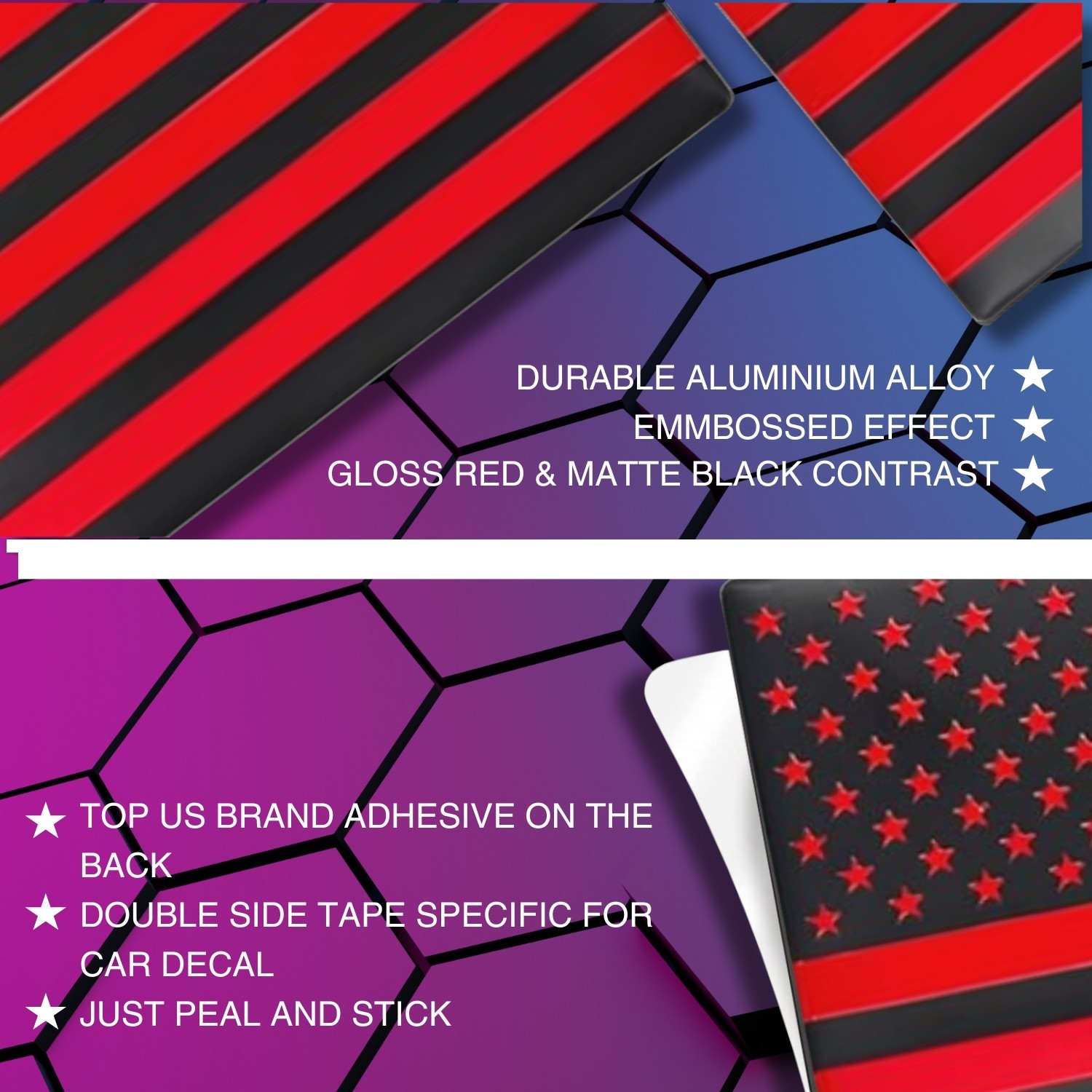 Embossed 3D Metal All Black and Red American Flag Emblem Decal Stickers Set of 3
