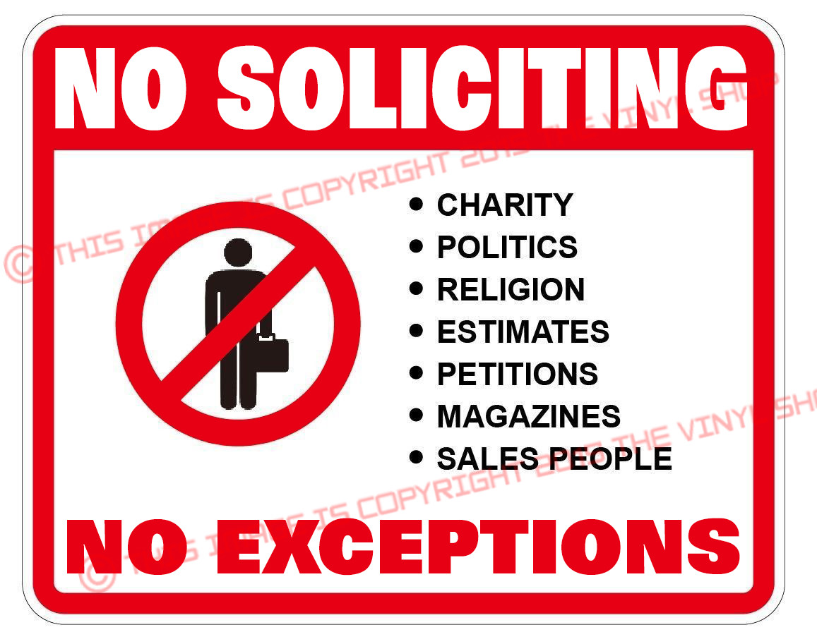 X2 (two) NO SOLICITING Full color high grade outdoor vinyl 4 x 3 inch decals