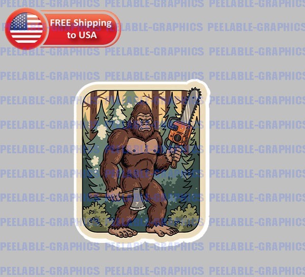 Bigfoot Sasquatch Lumberjack Logger Axe 4″ Tall Chainsaw Vinyl Decal Sticker A