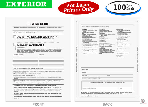 Exterior Buyers Guides – As Is Or Dealer Warranty – With Lines (100 Per Pack)
