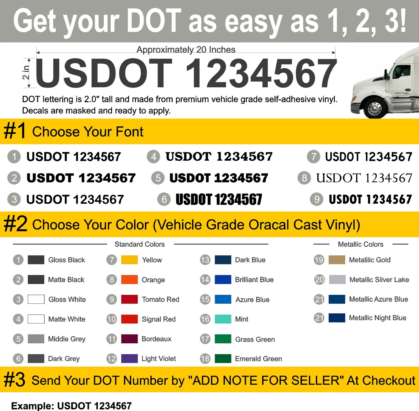 DOT Vehicle Vinyl Lettering (1 PAIR) 2″ Tall 9 Fonts and 21 Color Options