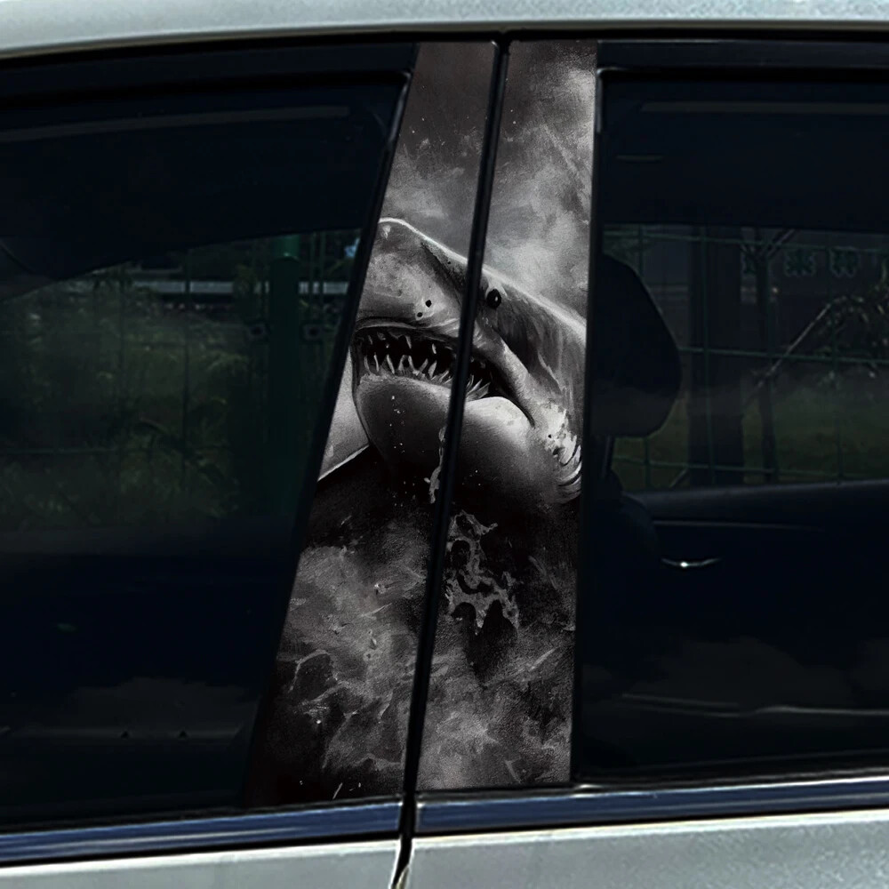 2x Tiger Shark Mouth Megalodon Car B Pillar Sticker Center Column Cover Decals
