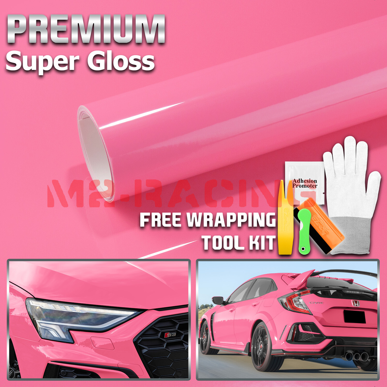 High Gloss Pink Glossy Car Vinyl Wrap Sticker Decal Sheet Film DIY Air Release