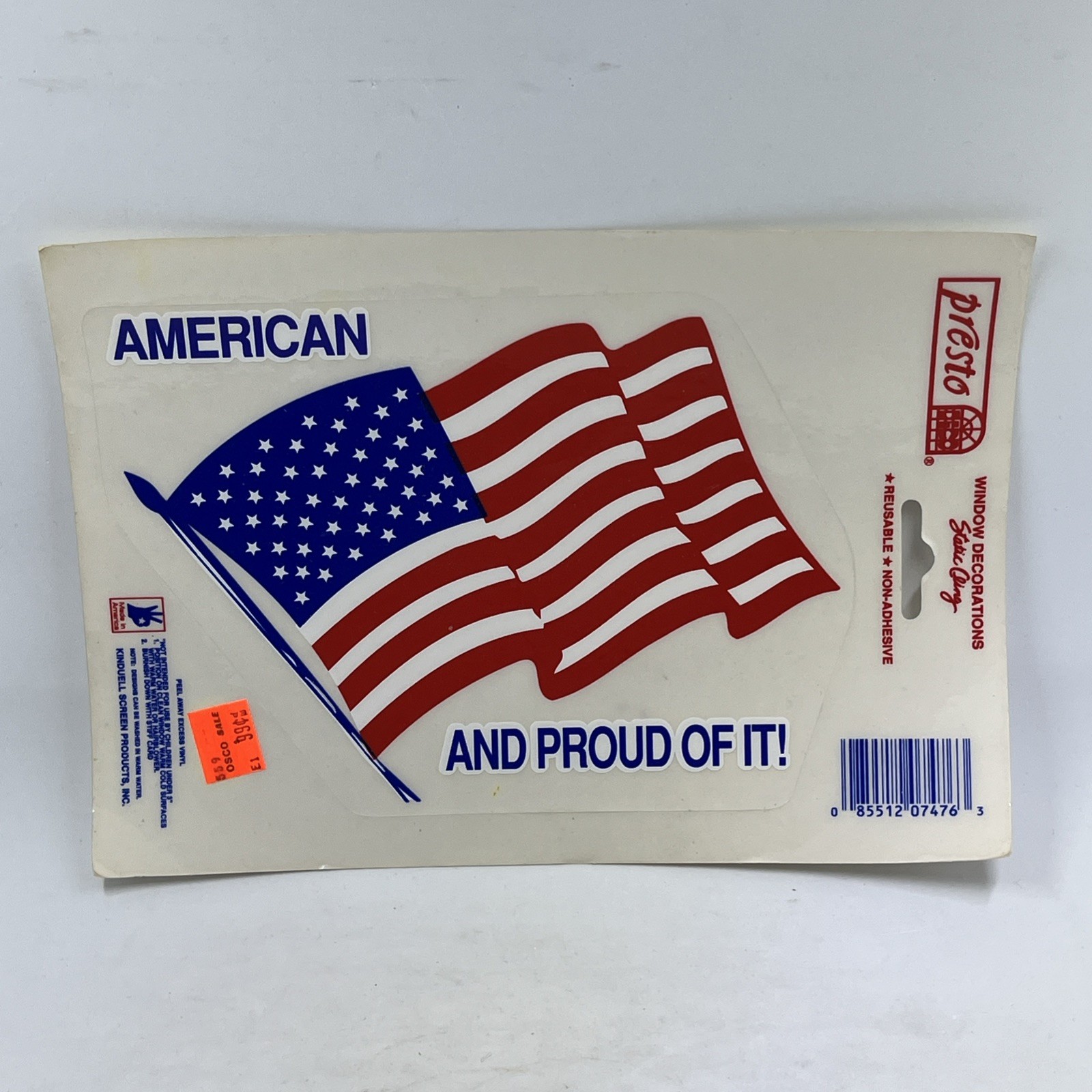 Presto Flag Car Decal Static Cling Window American Proud Of It NOS Vintage 2 PK