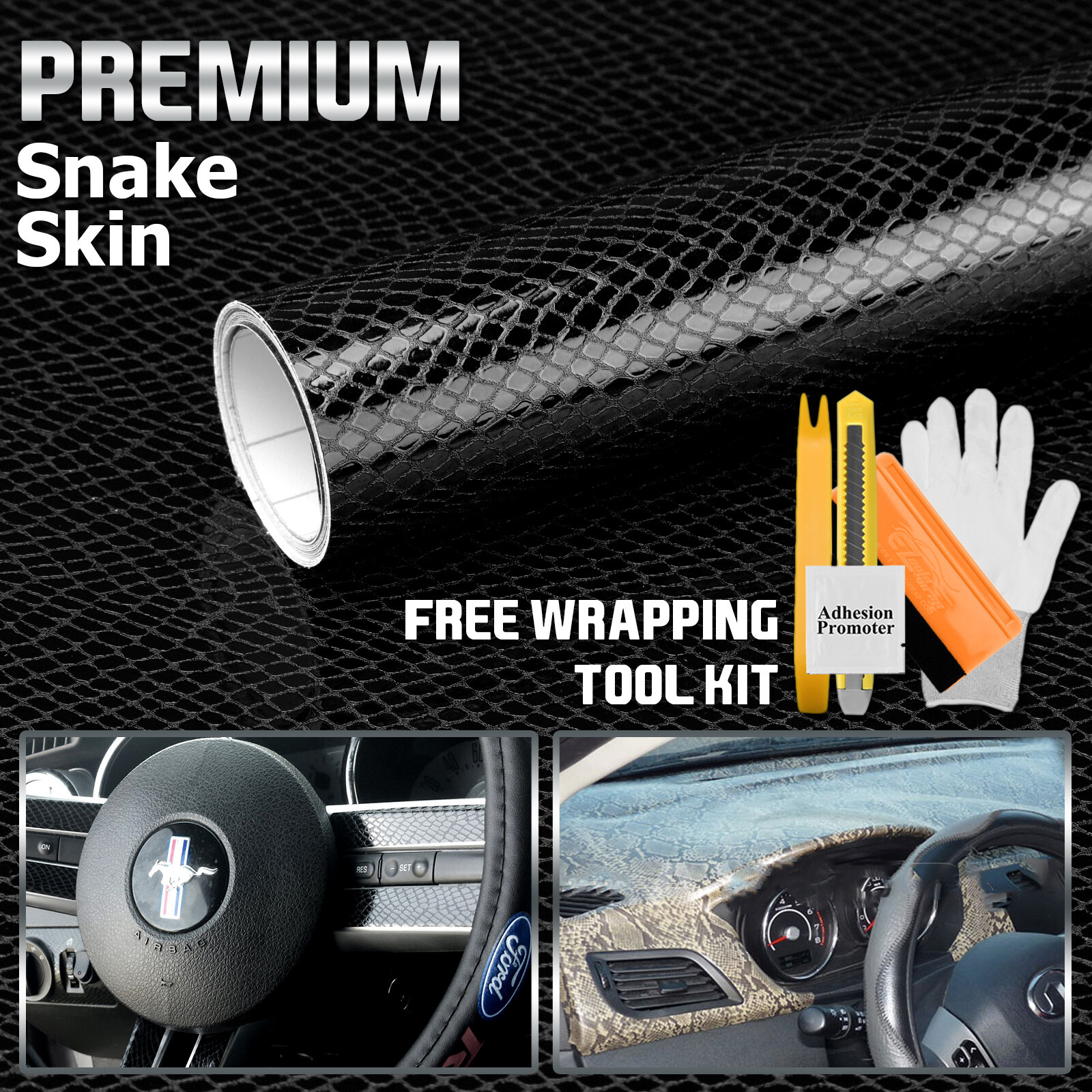 【Snake Skin Reptiles】 Black Leather Vinyl Wrap Sticker Bubble Free Sheet Film