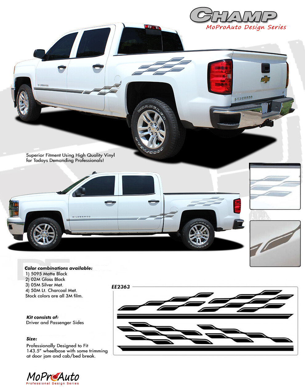 Champ 3M Pro Grade Vinyl Side Stripes Decals Graphics 2014-2018 Chevy Silverado