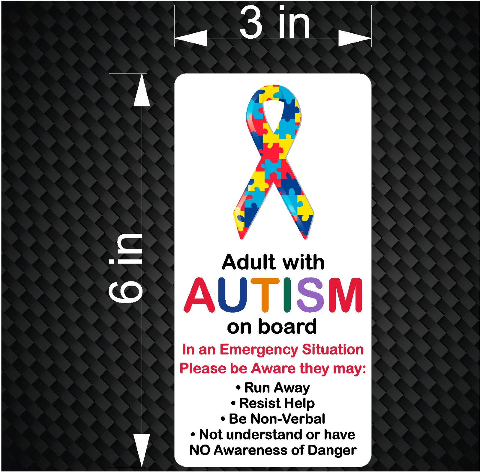 ADULT with AUTISM on Board – Emergency Awareness Car Vinyl Bumper Sticker Decal