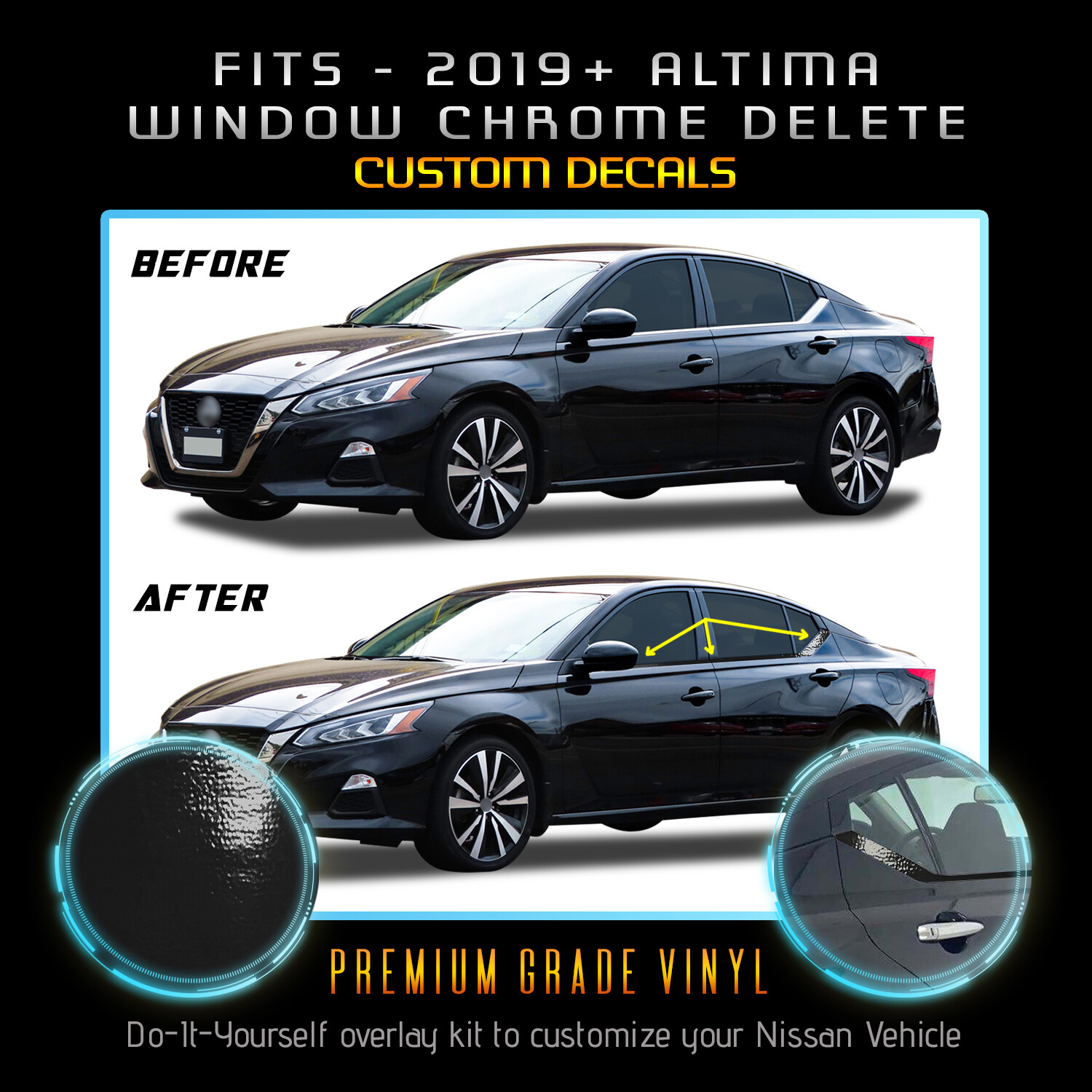 For 2019-2020 Nissan Altima Window Precut Chrome Delete Kit – Glossy Matte