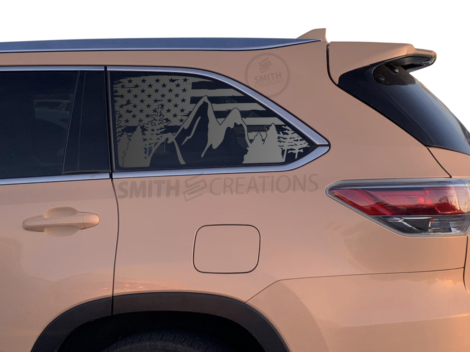 Fits 2014-2019 Toyota Highlander – Tattered American Flag Mountain Window Decal