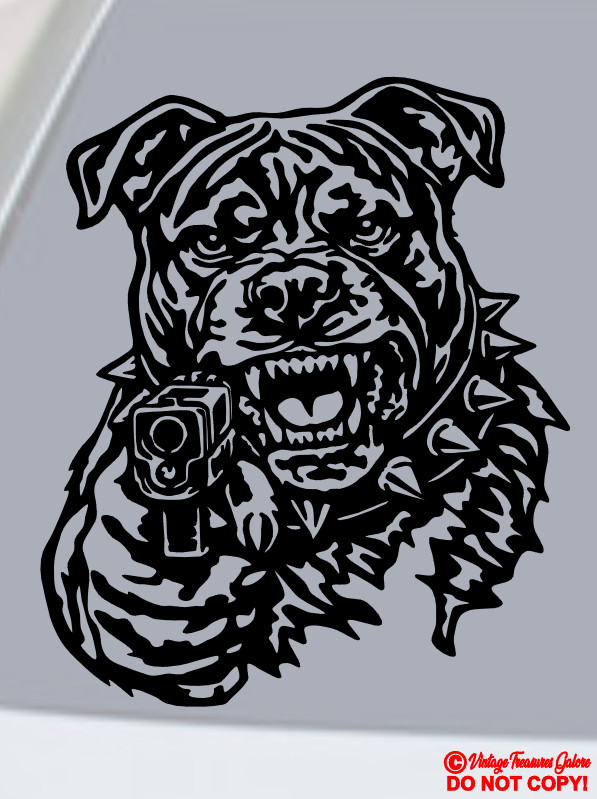 PITBULL WITH A GUN Vinyl Decal Sticker Car Rear Window Bumper MEAN ANGRY BAD DOG