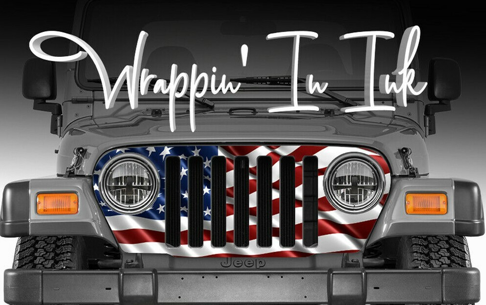 Grill Wrap American Flag Waving Red White Blue for Jeep Wrangler 1997-2006