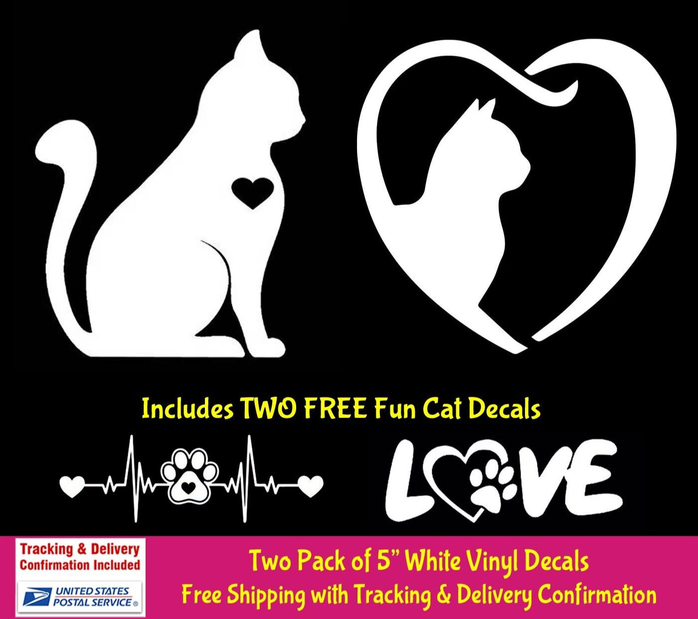 Cat Heart Lover Silhouette Two White Vinyl Decals Car Truck Windows Tablet
