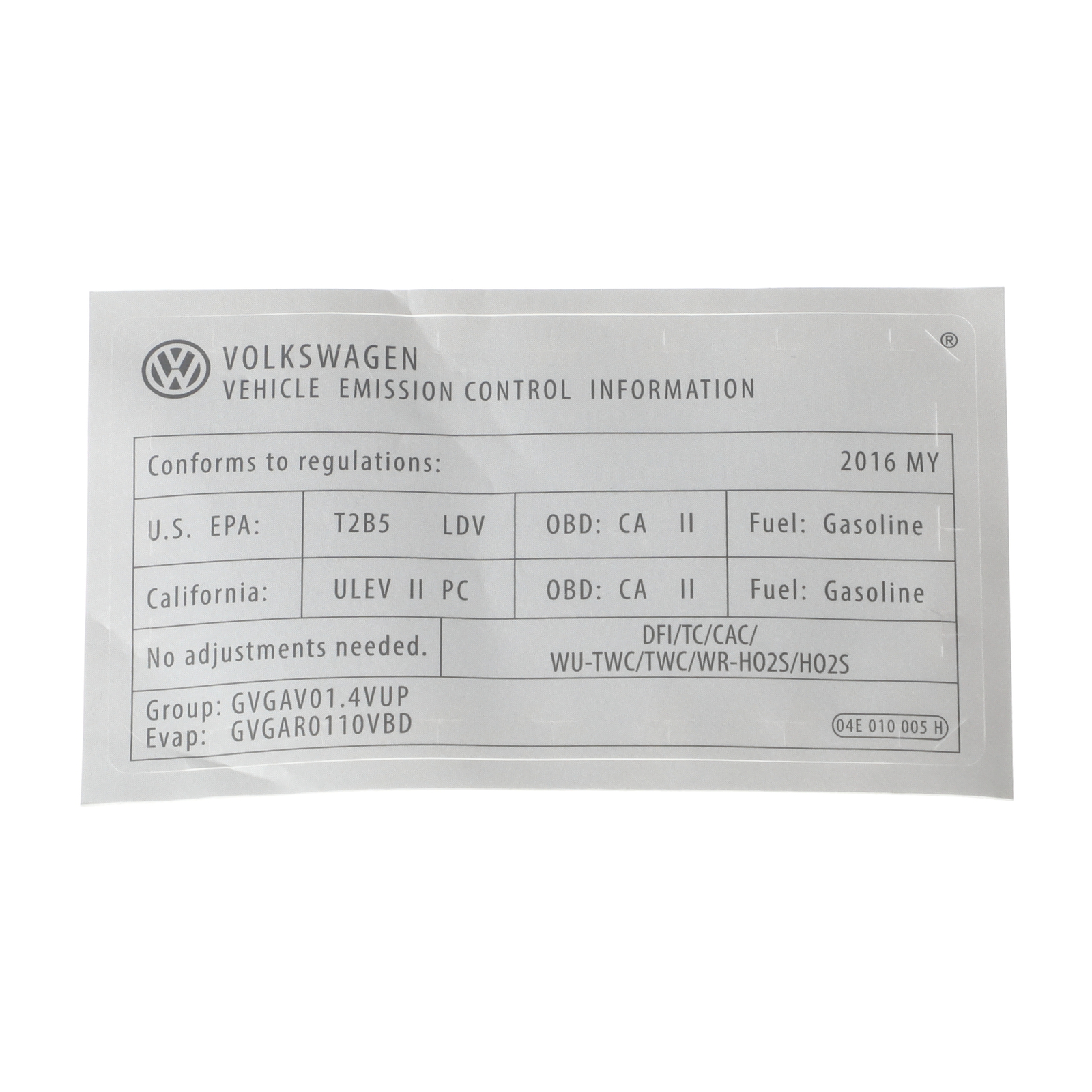 NEW OEM Volkswagen Vehicle Emission Control Information Label 04E-010-005-H
