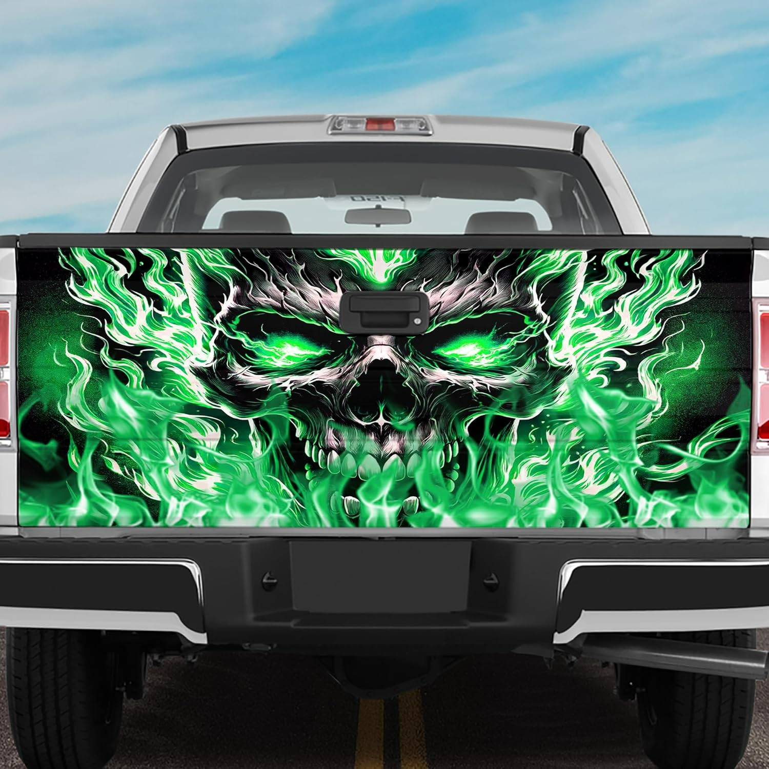Skull Flame Vinyl Truck Tailgate Wrap, Skull Truck Tailgate Sticker Decal Wrap