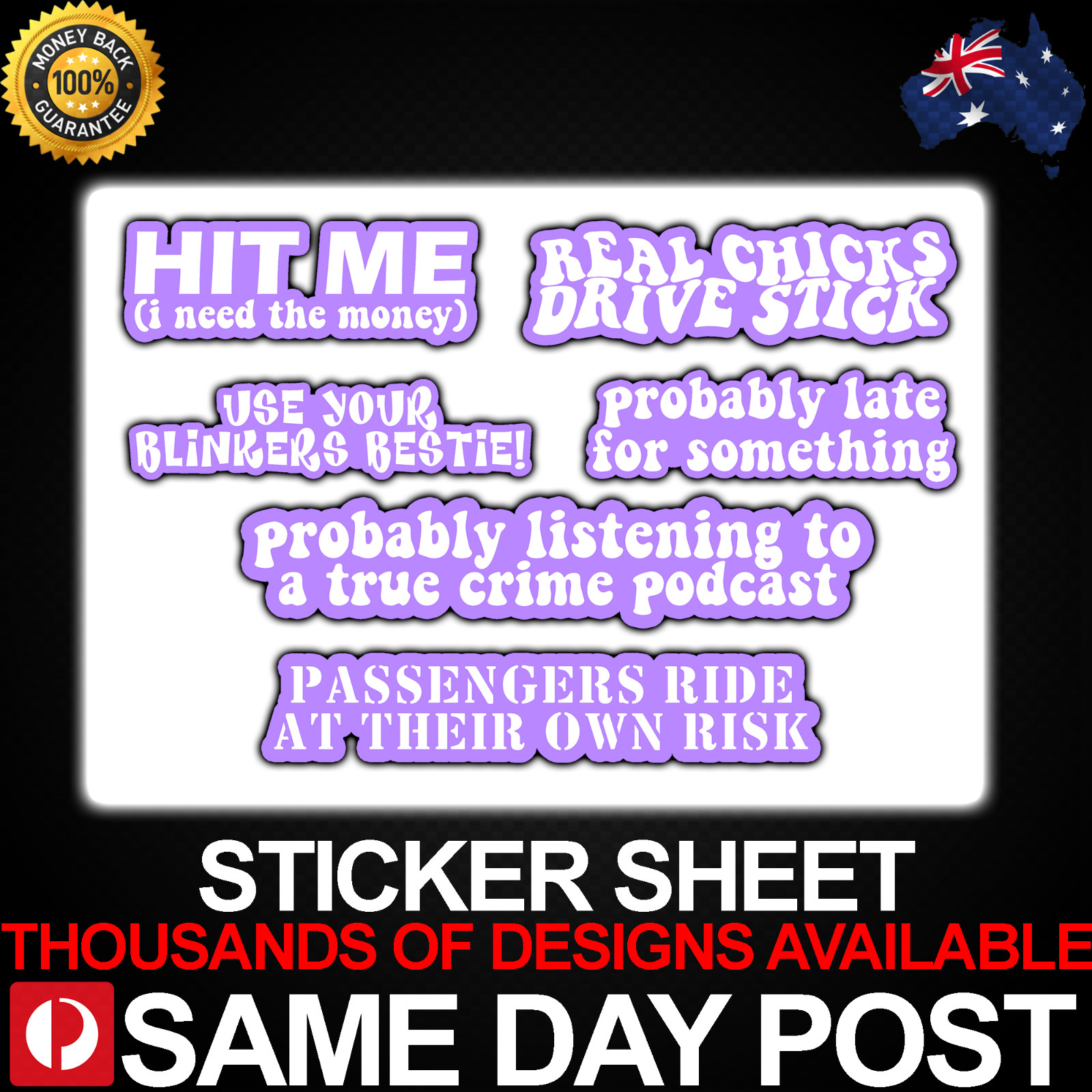FUNNY CAR PURPLE Vinyl Sticker Sheet Car Decal Cheap Cute Cool Bad Driving Quote