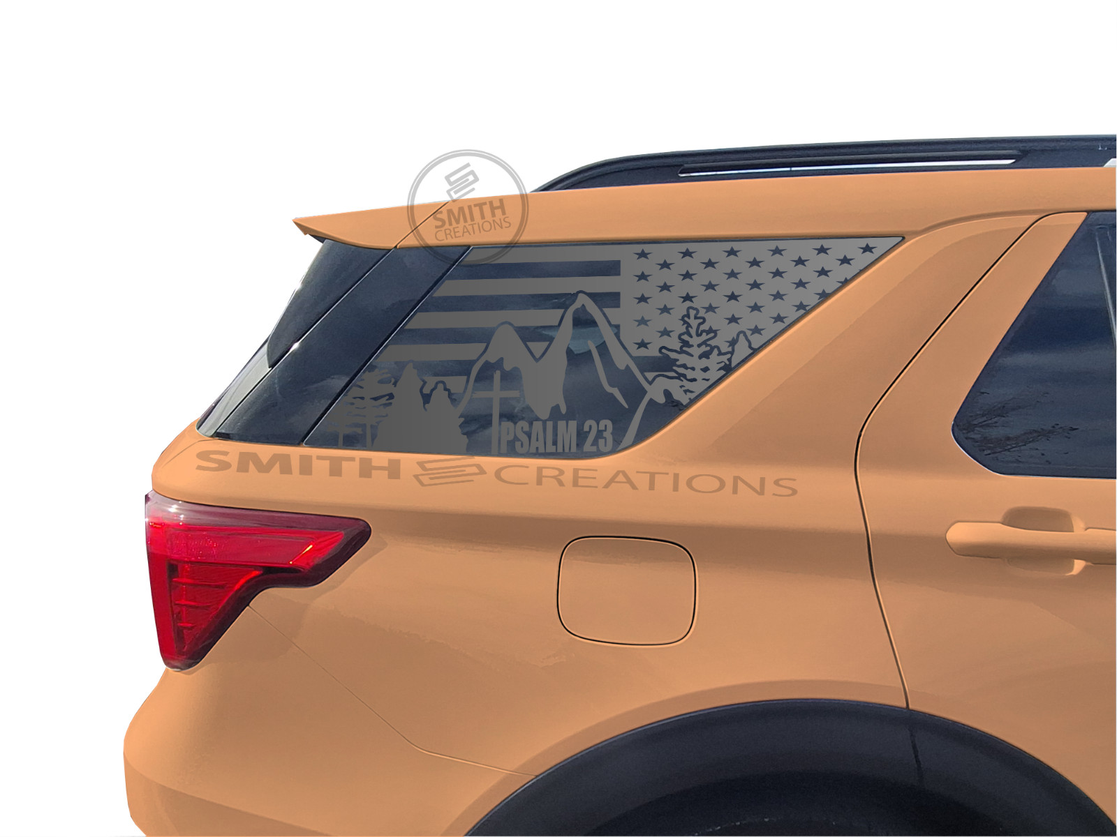Fits 2020-26 Ford Explorer Rear Side Psalm 23 Standard US Flag Mountain Decal
