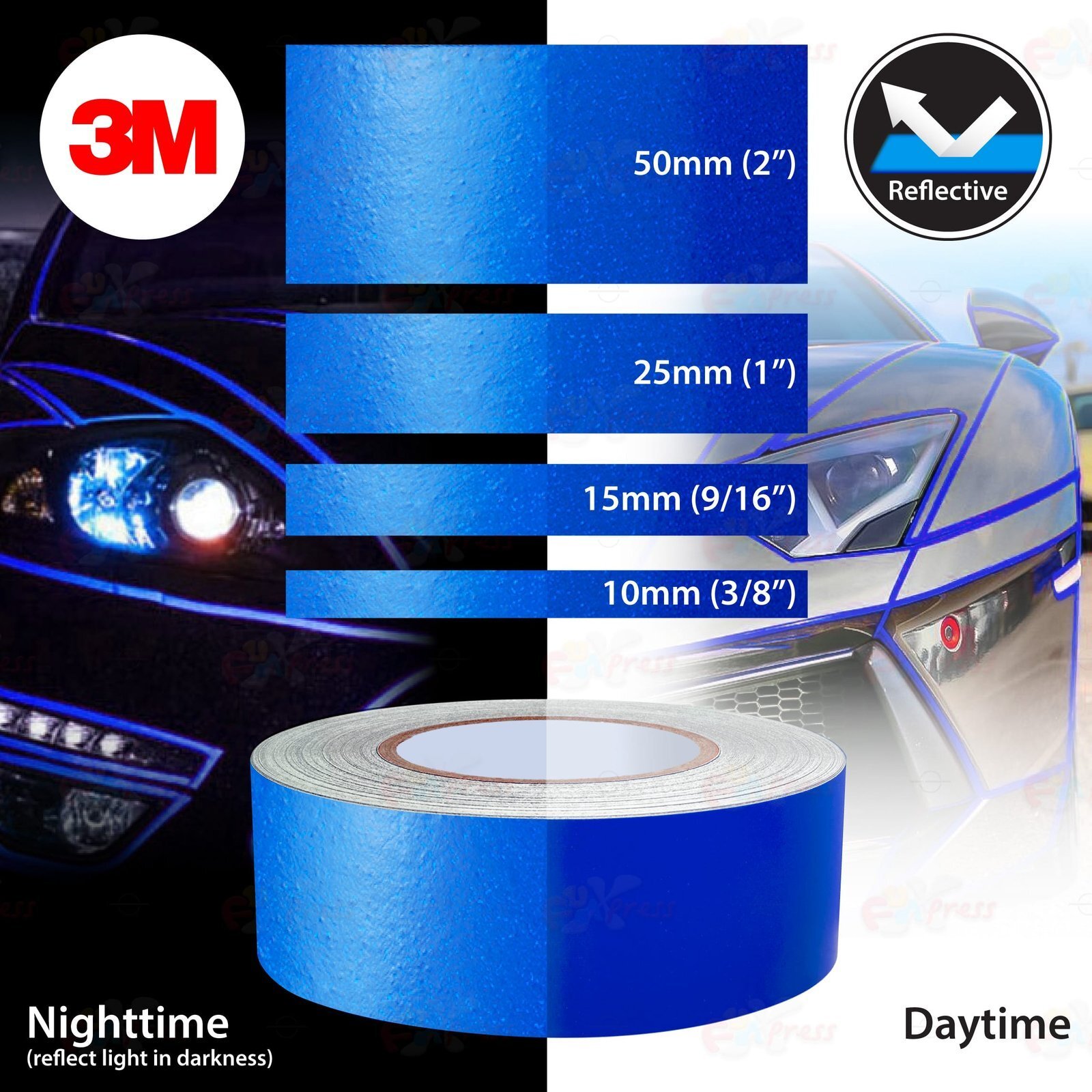 3/8″ 9/16″ 1″ 2″ Waterproof REFLECTIVE Self-Adhesive 3M Vinyl Tape Stickers BLUE