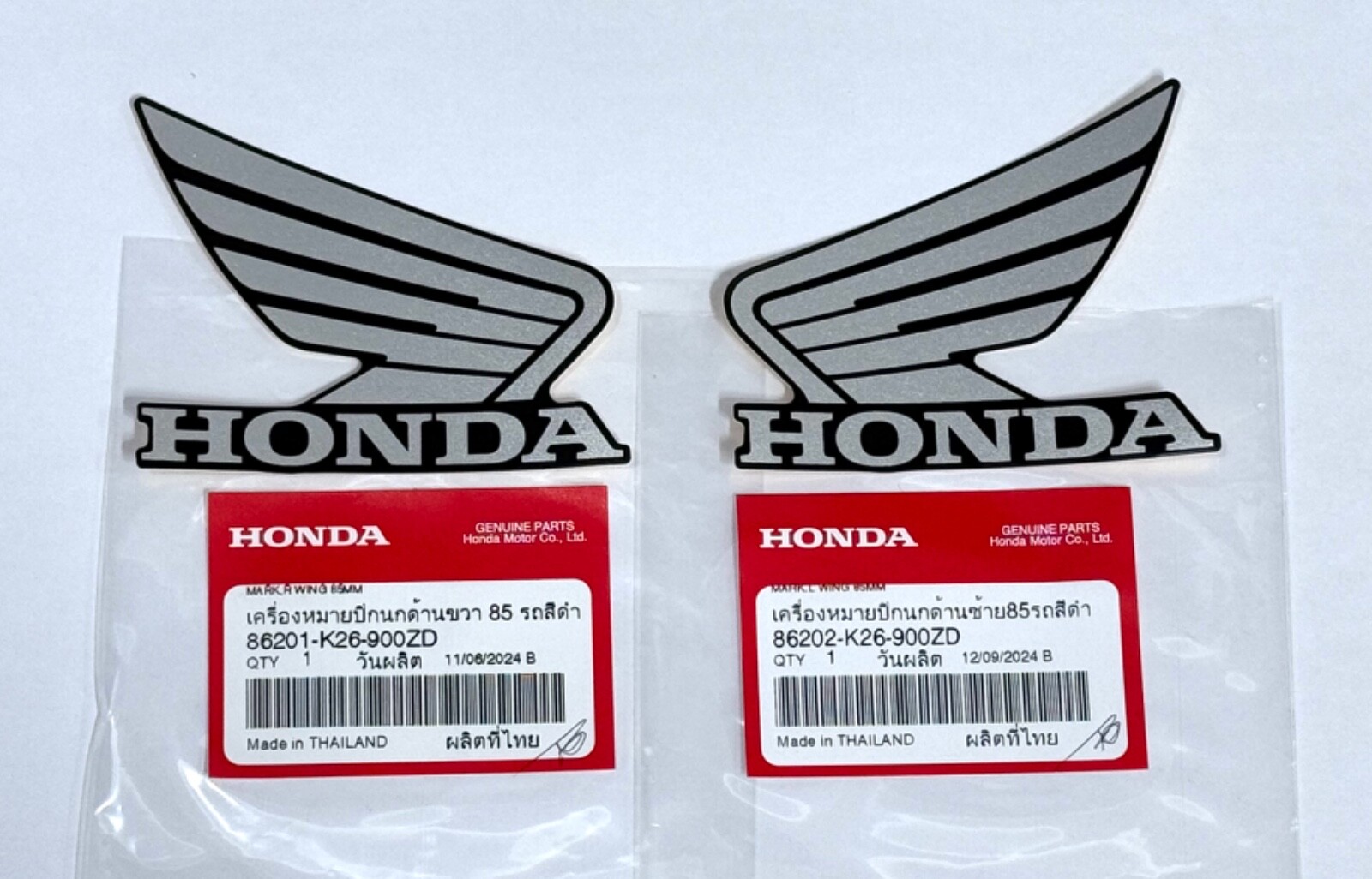 2X Genuine Honda Grey Black Wing Logo Tank Wing 85 MM. Racing Stickers Decals
