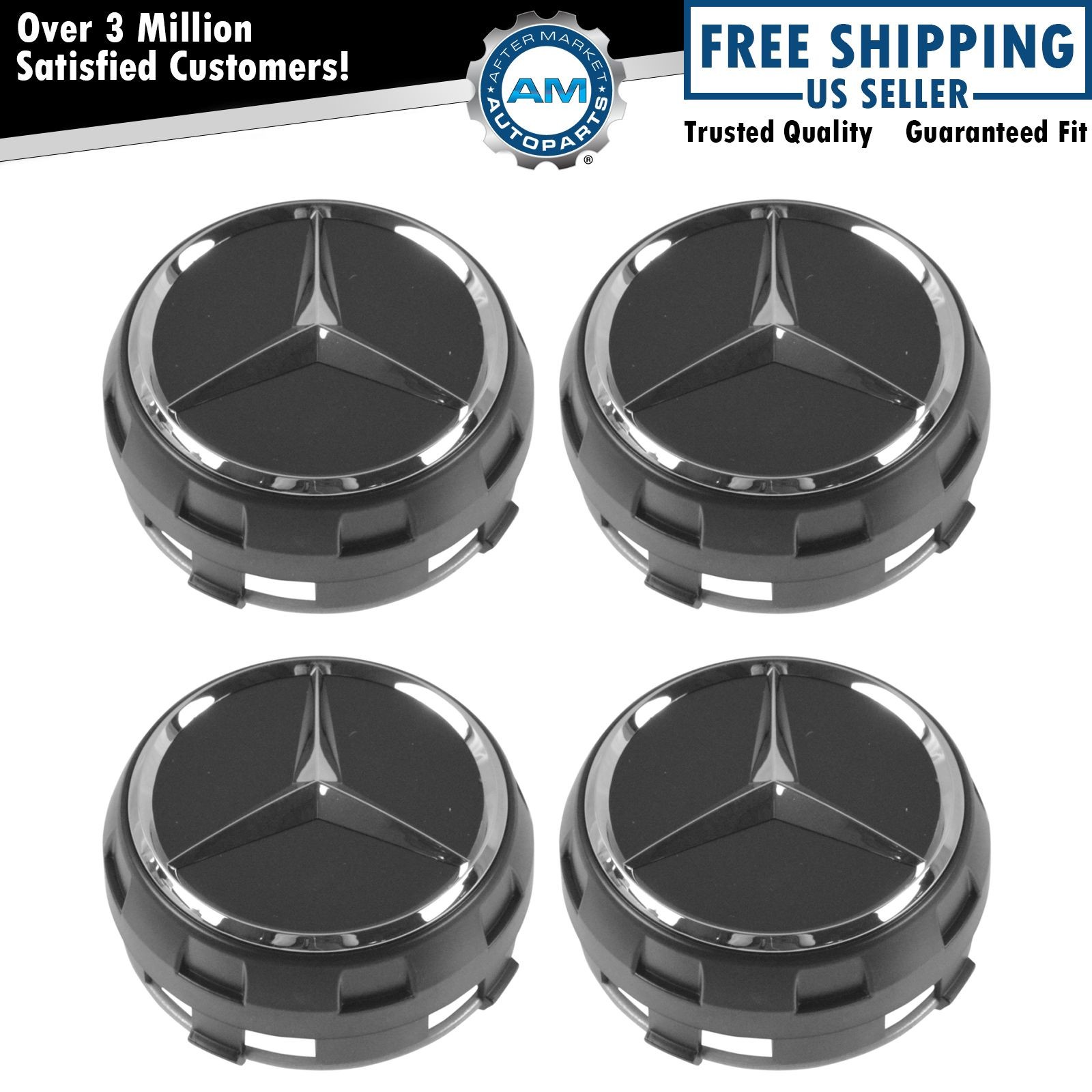 NEW OEM Raised Chrome & Black Wheel Center Cap Set of 4 for Mercedes Benz