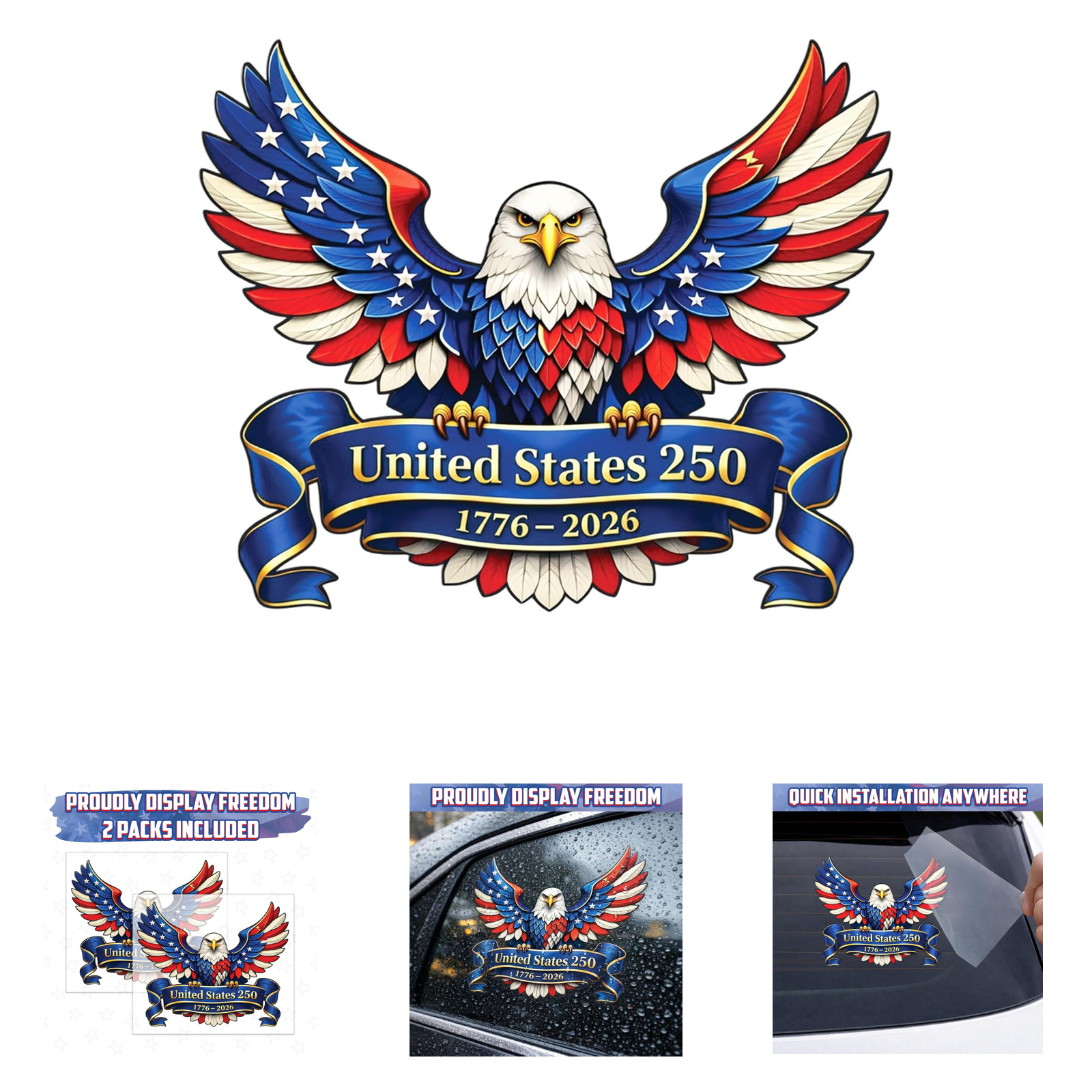 250th Anniversary Sticker 2 Pack Patriotic Eagle Car Window Decal 1776 2026 USA