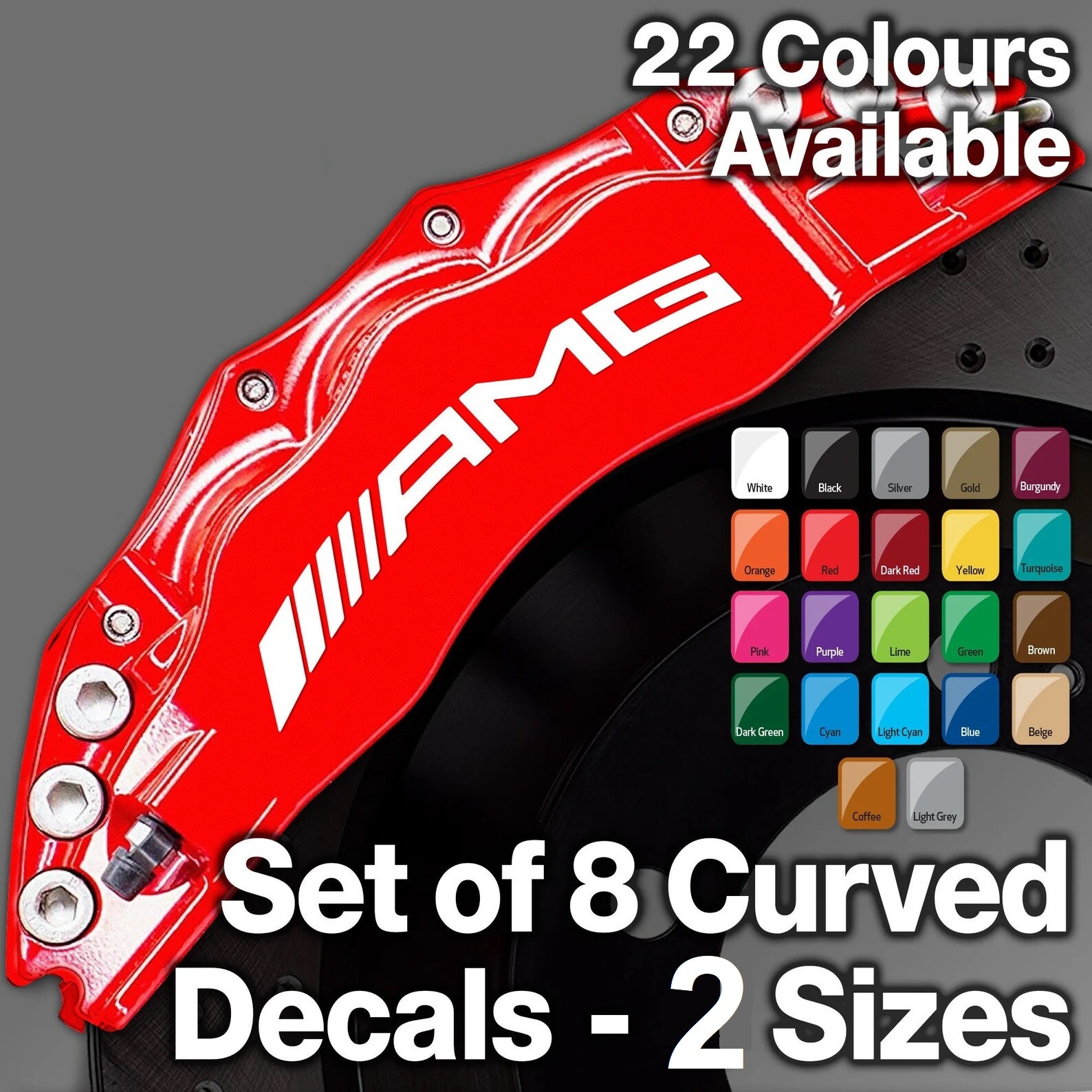 AMG BRAKE CALIPER DECAL HIGH TEMP (12.5cm & 7cm) Curved Sticker Set 8x