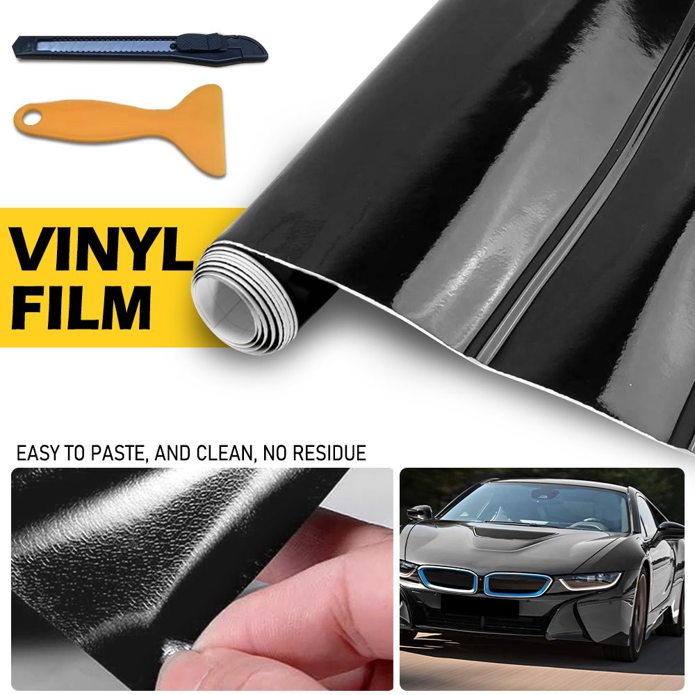 1-10 Gloss Black Bubble Free Vinyl Wrap 30cmx1.5m Car Sticker w/Installation Kit