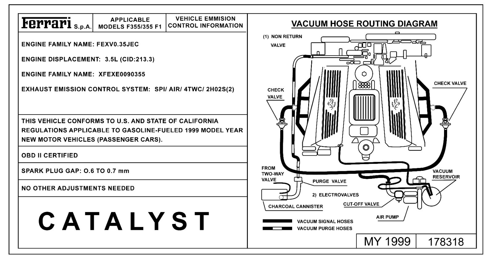Ferrari Emission Control Information Data Plate Tag Decal Sub. 1999 F355 355 F1