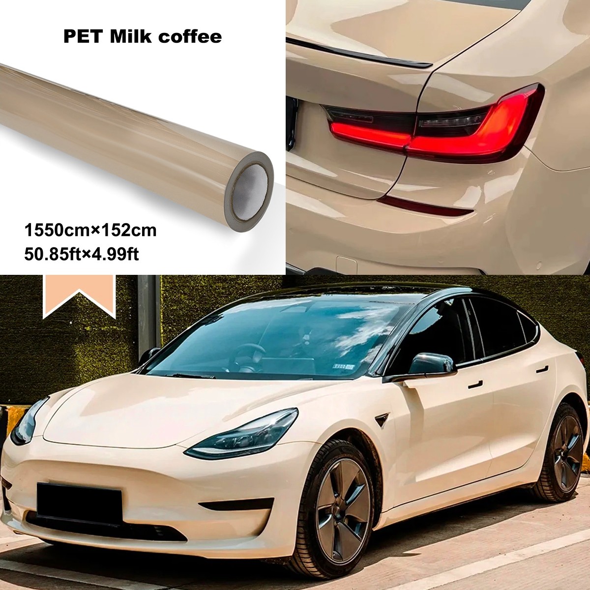 5FTx50FT PET Crystal Beige Latte Vinyl Wrap US Stock Gloss Automotive Wrap