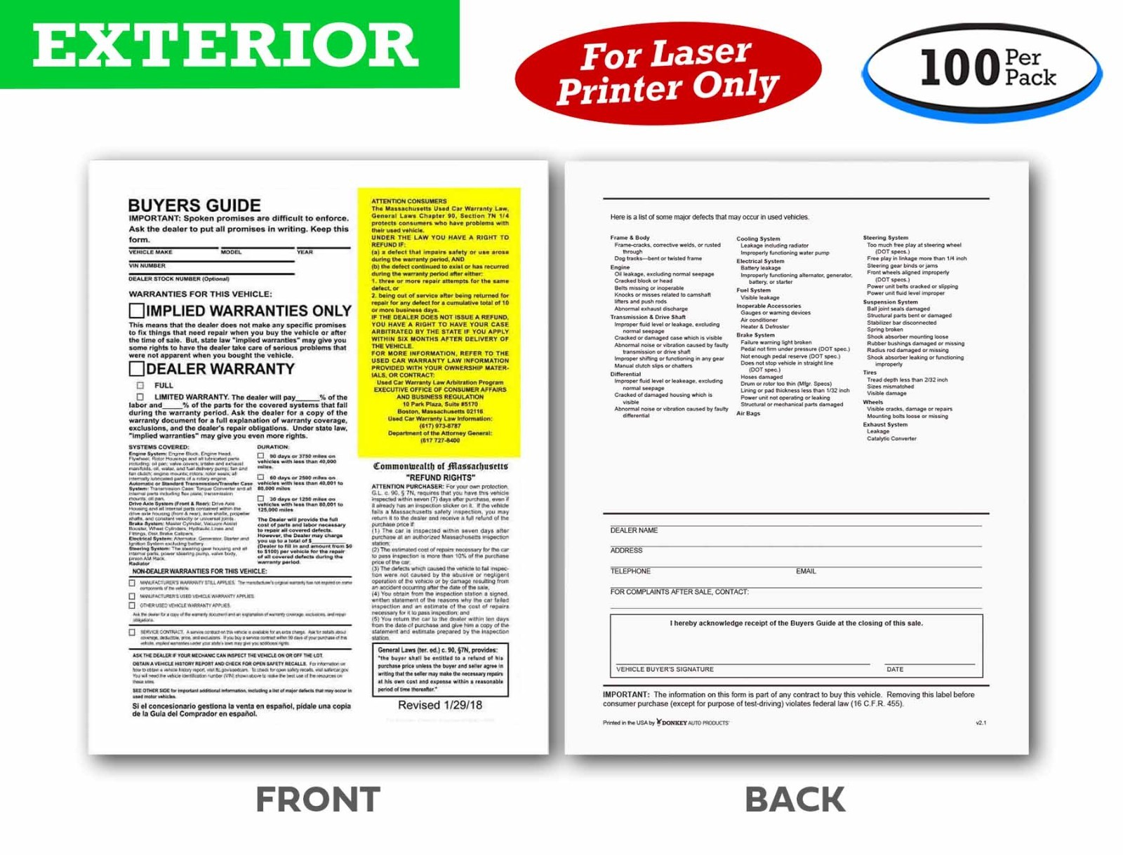 Exterior Buyers Guide – Massachusetts – Window Stickers (100 Pack)