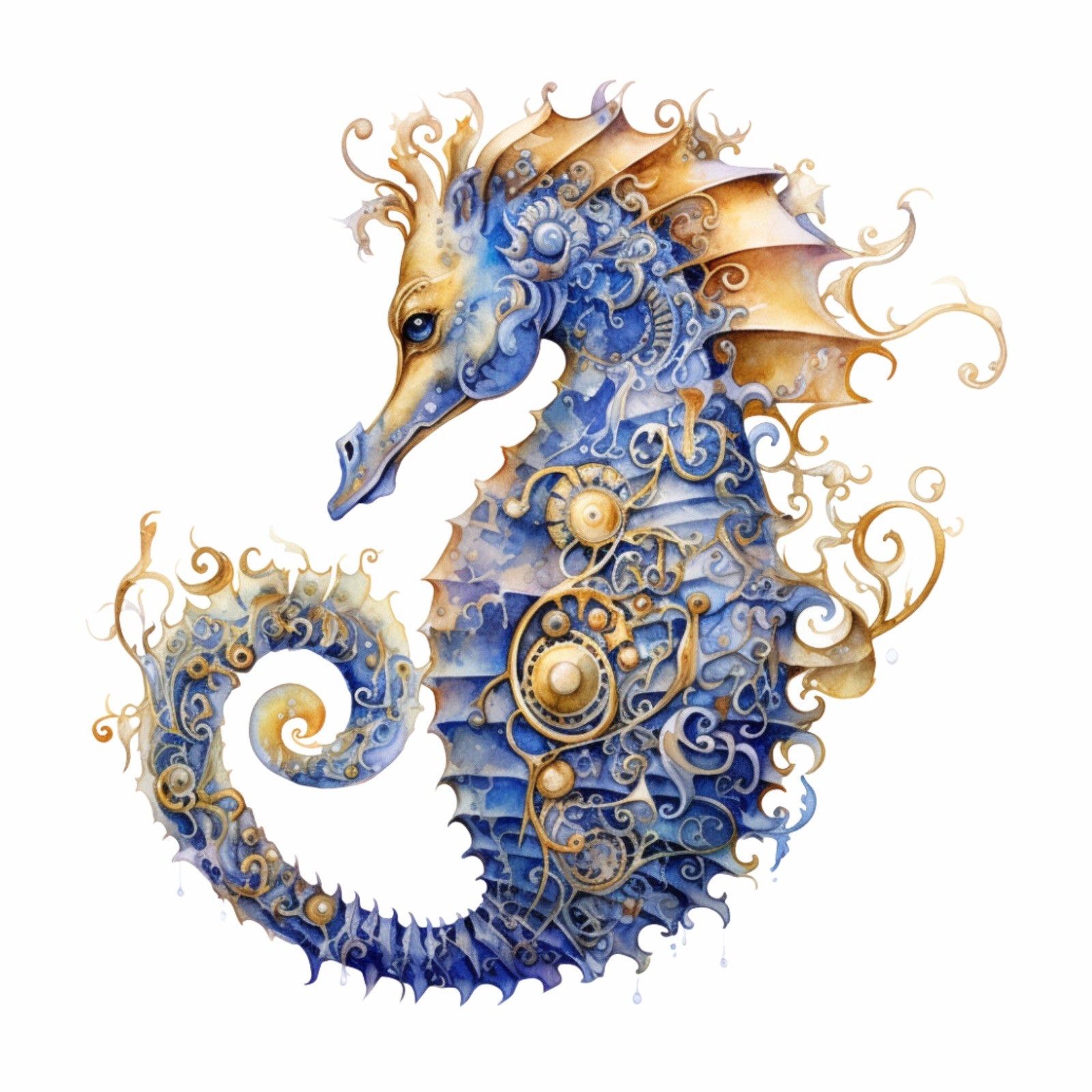 Indigo Sea Creature Sticker (3 Inch) Vibrant Sea Horse Bold Gold Detail Fish !